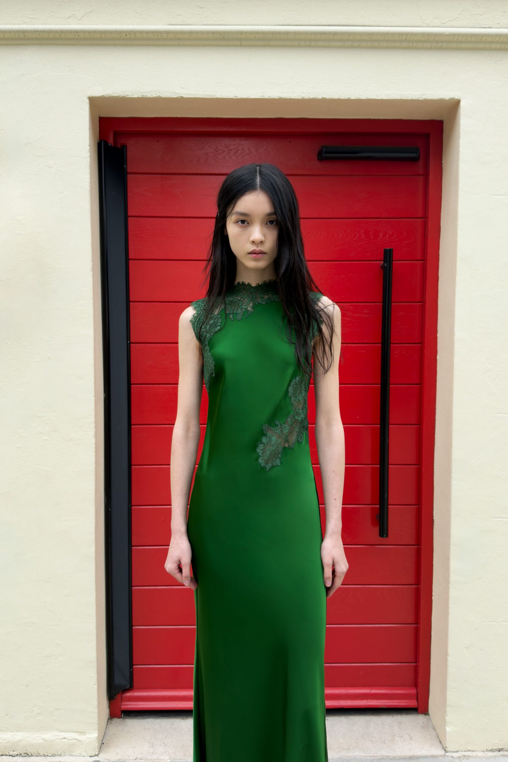 green lace appliqué evening gown
