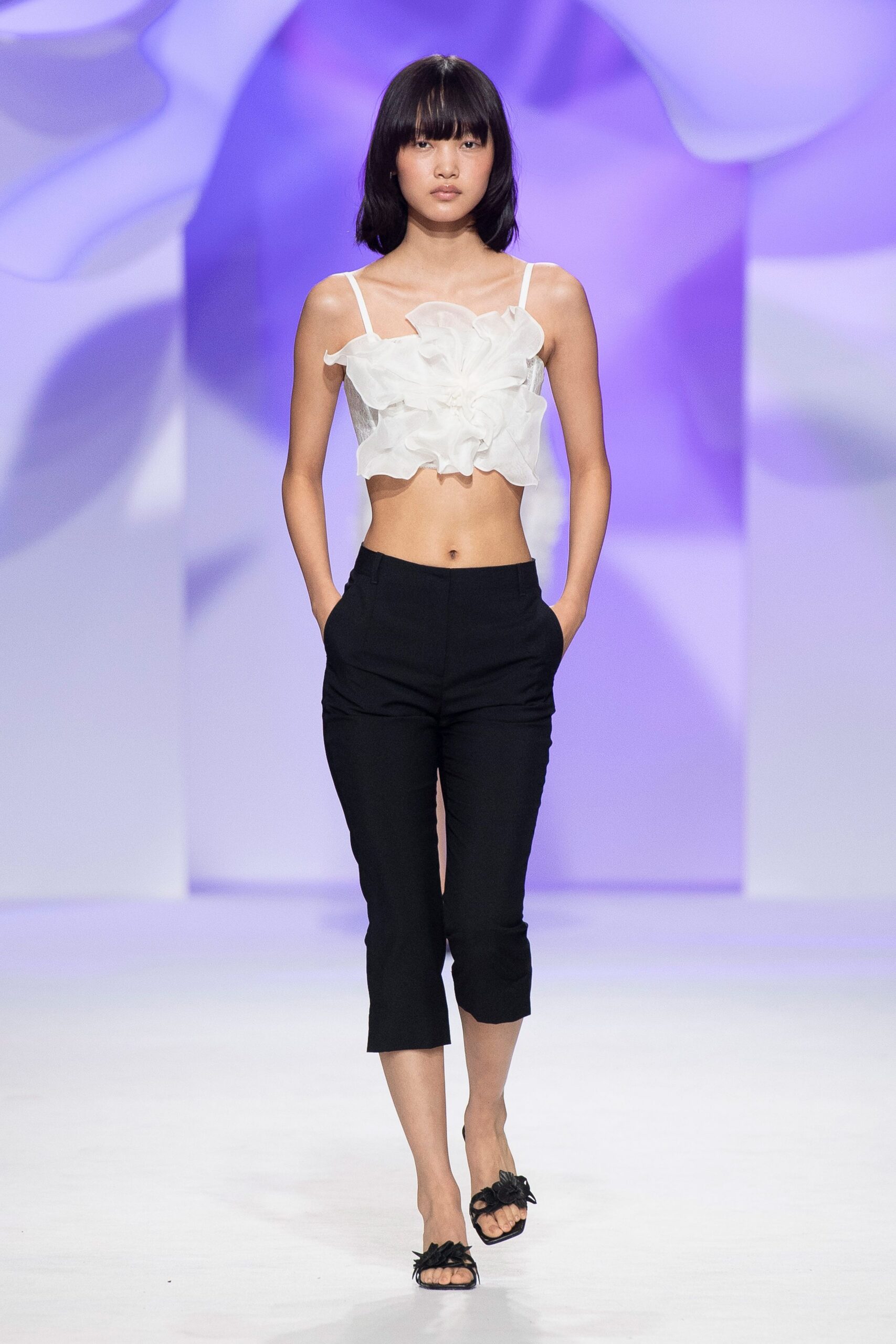 white organza spaghetti-strap sleeveless fitted ruffled top