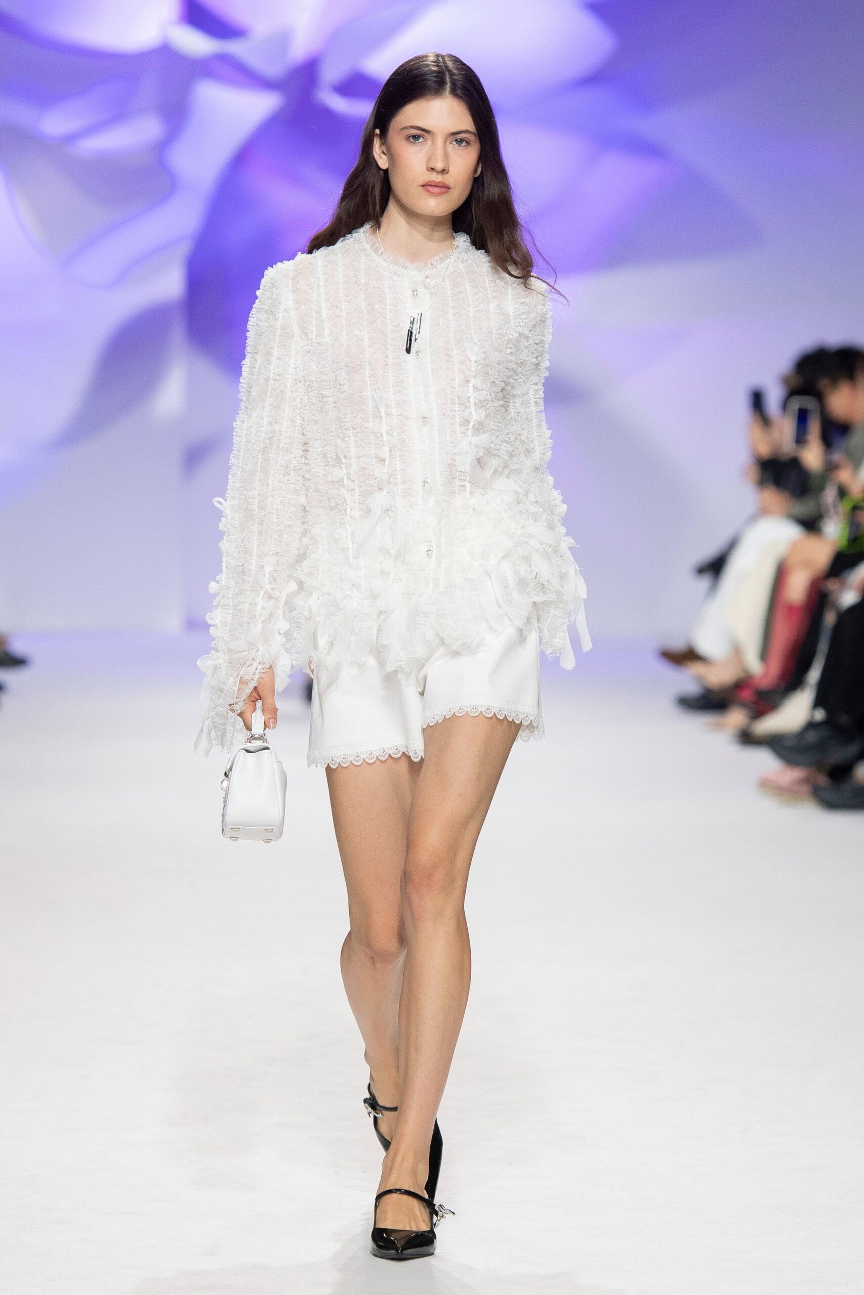 white lace long-sleeve high-neck ruffled buttoned blouse