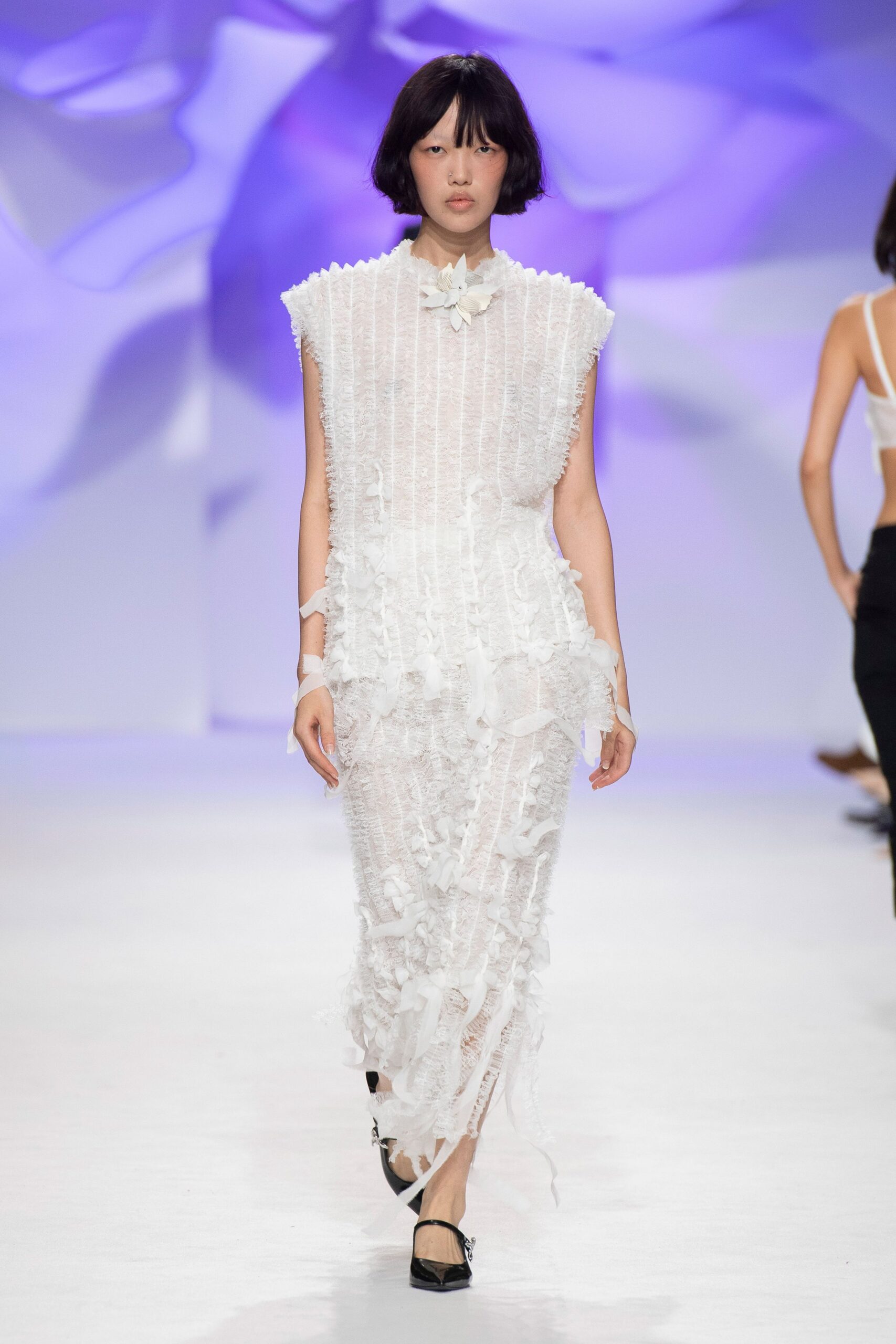 white lace sleeveless high-neck ruffled embellished maxi-dress