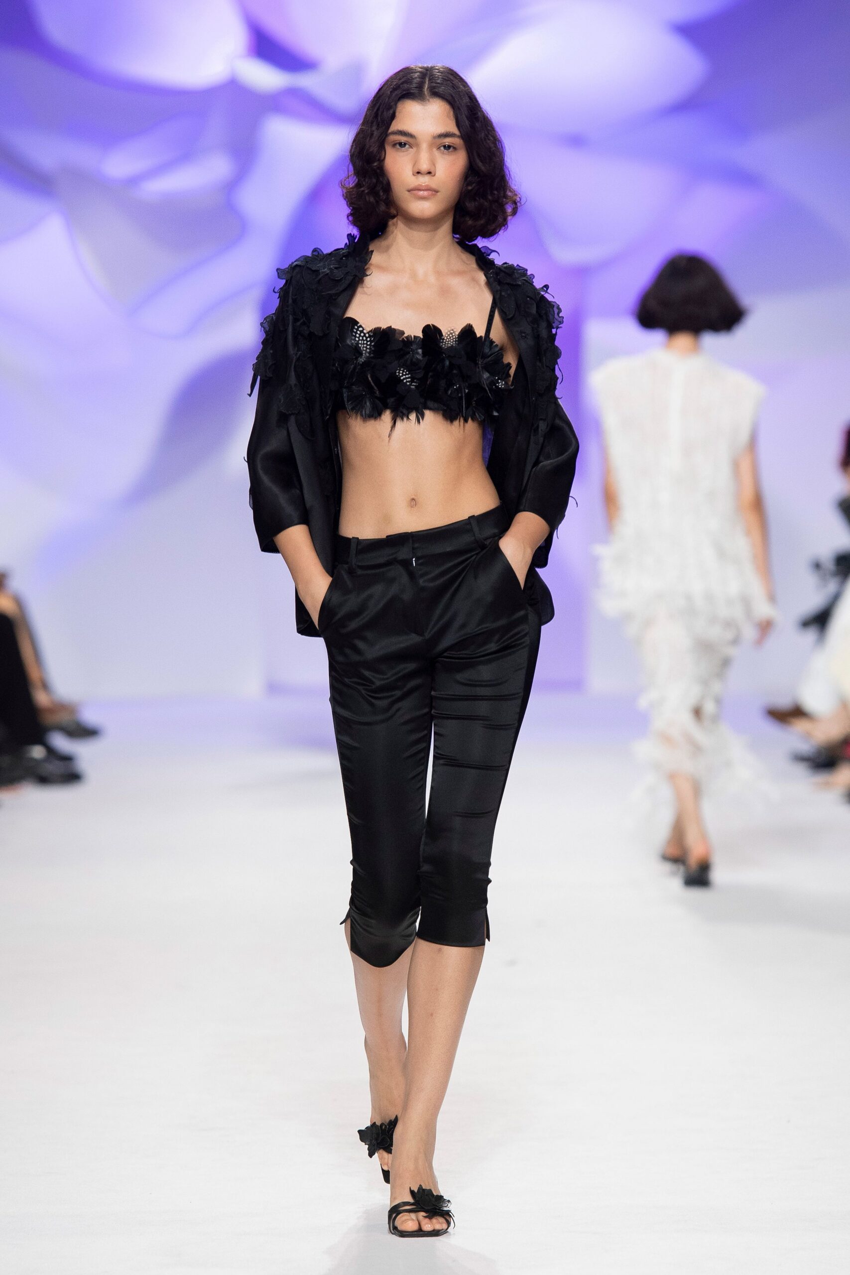 black mesh spaghetti-strap sweetheart fitted embroidered embellished bustier
