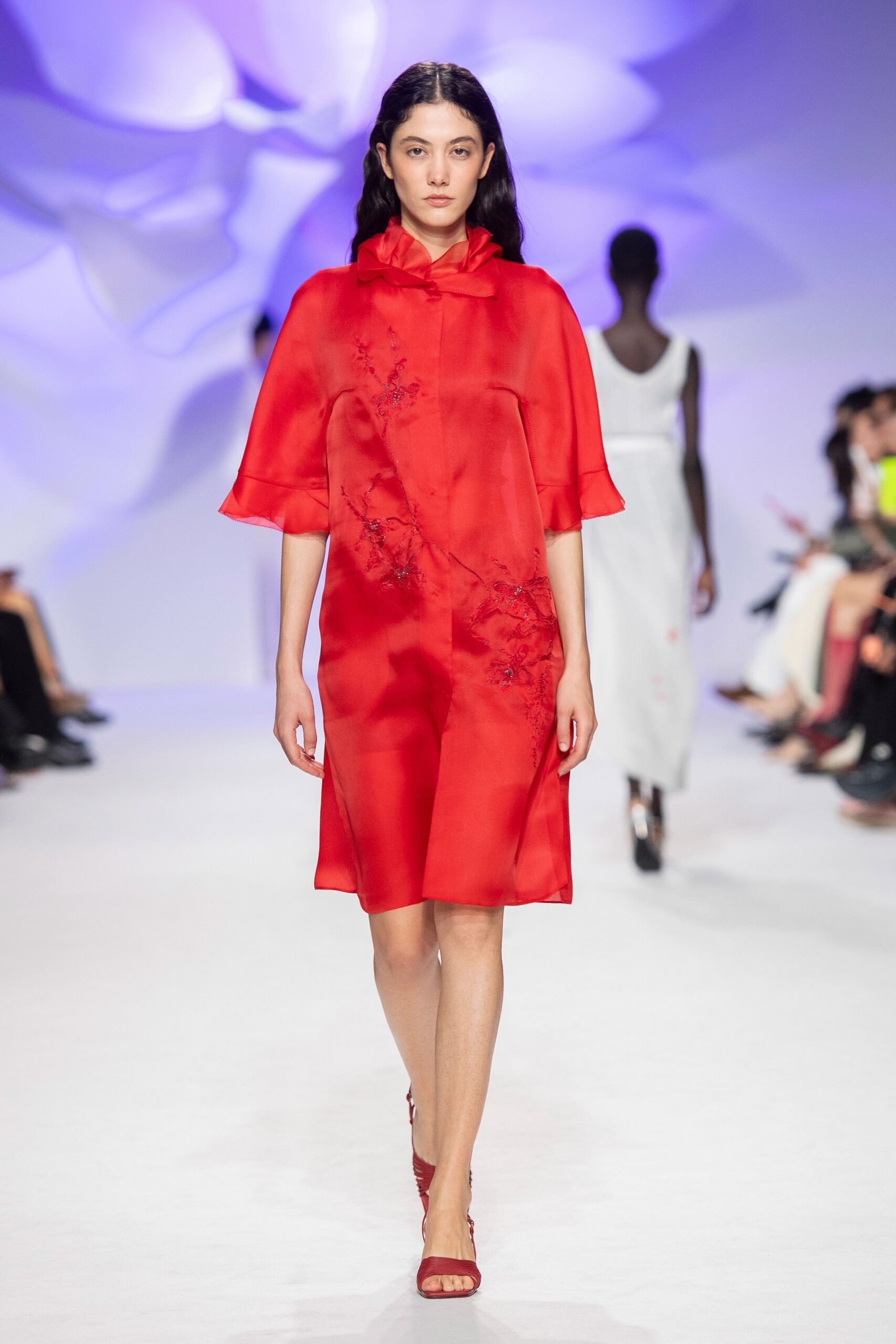 red satin high-neck short-sleeve embroidered draped midi-dress