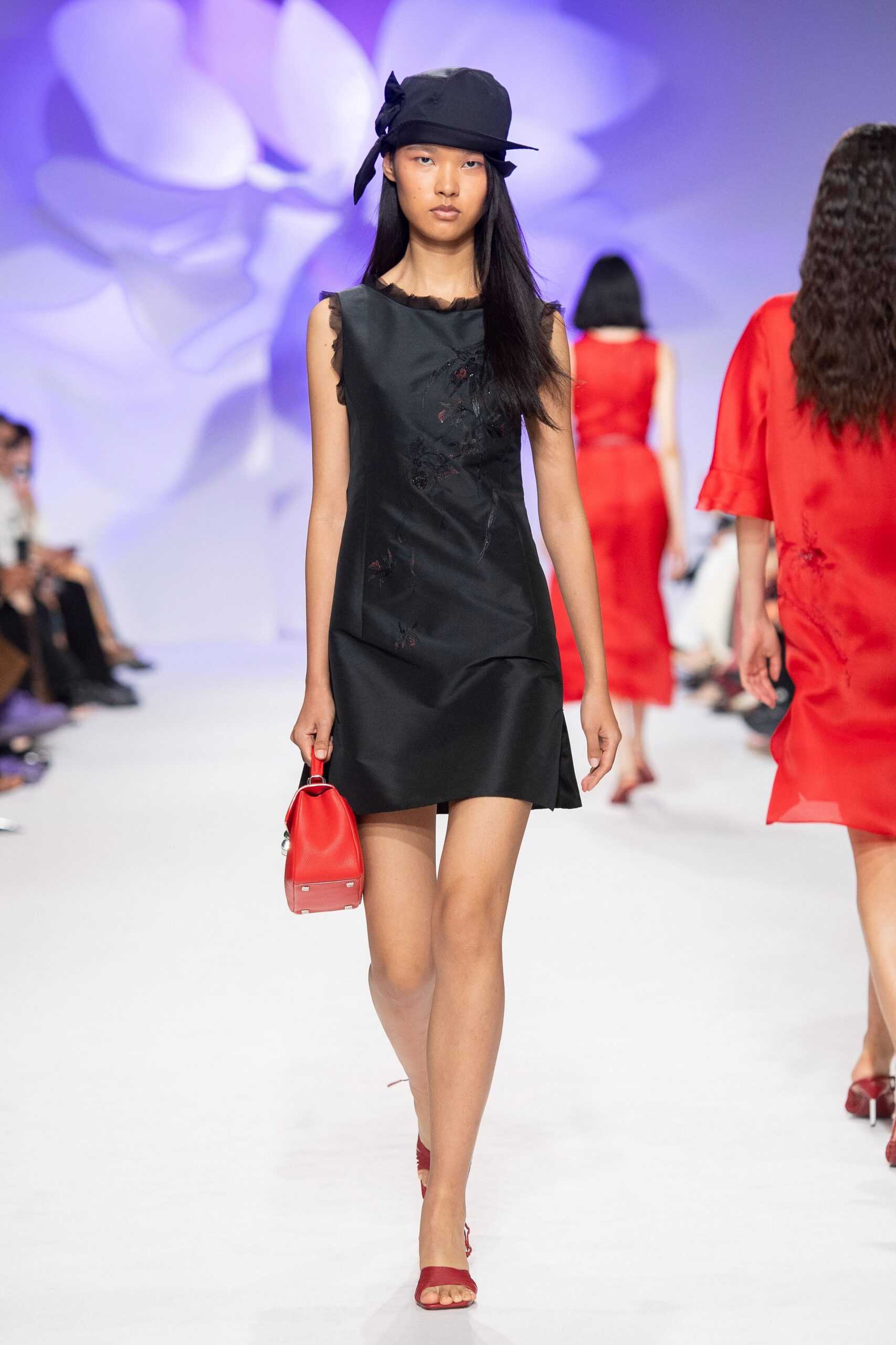 black sleeveless high-neck structured embroidered mini mini-dress