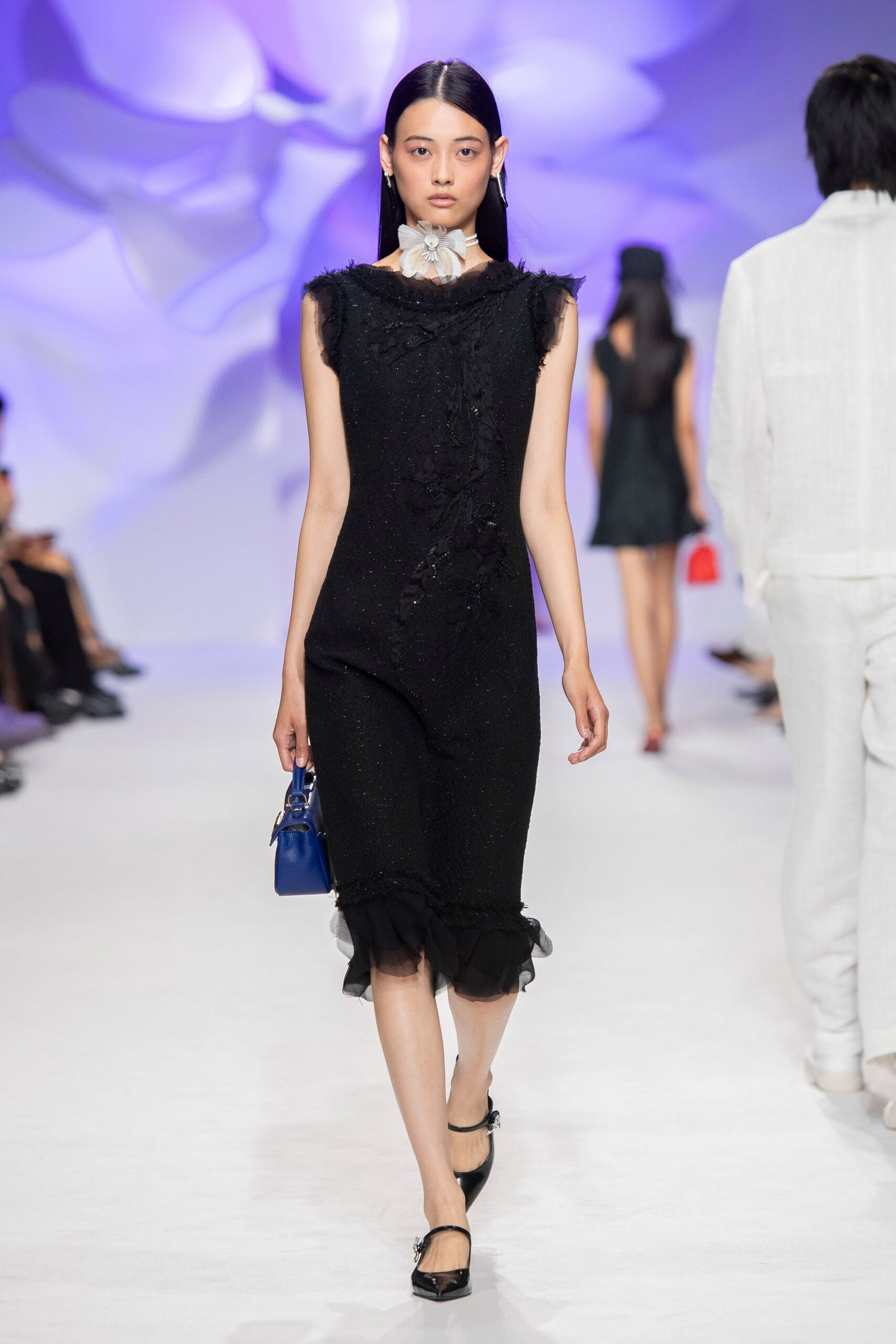 black tweed sleeveless high-neck fitted embellished ruffled midi-dress