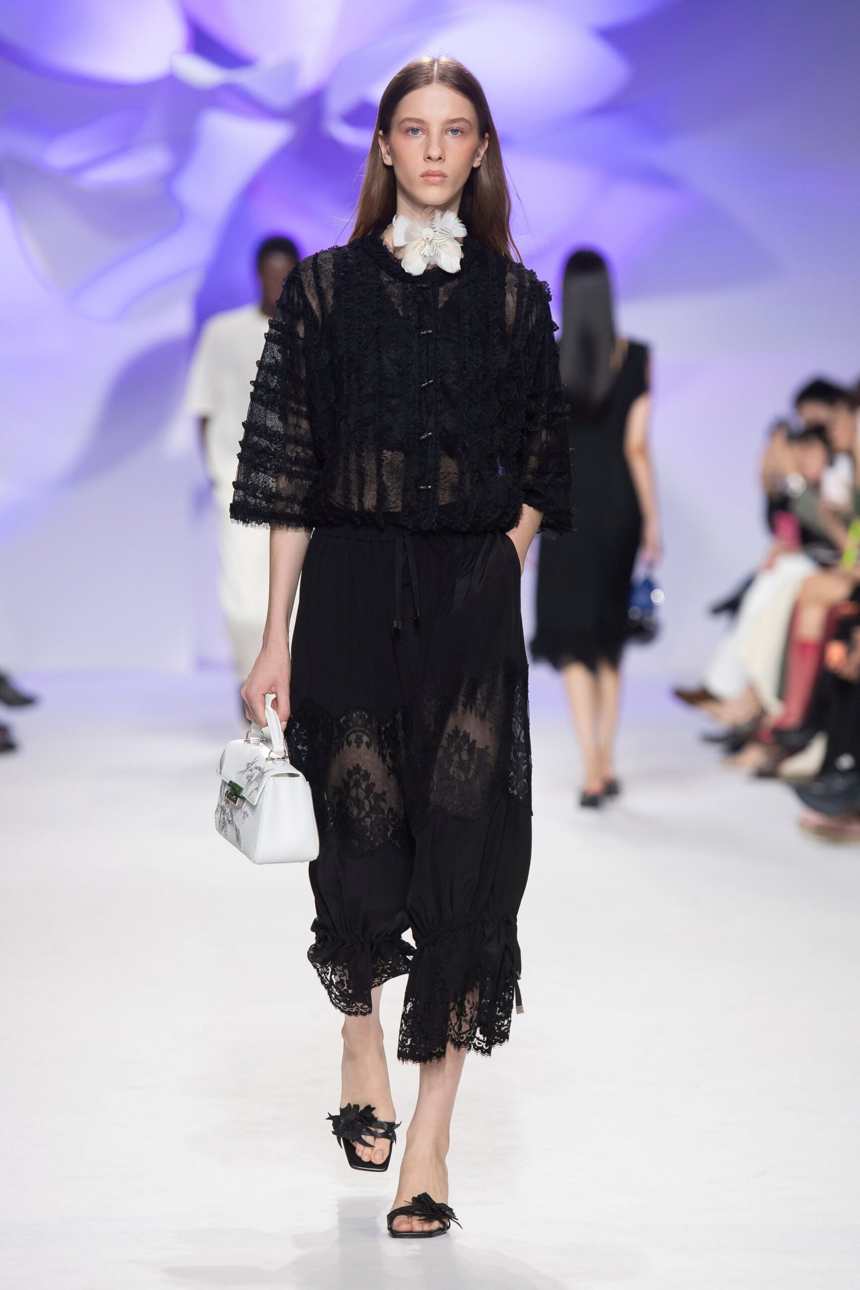 black lace high-neck short-sleeve relaxed buttoned ruched blouse