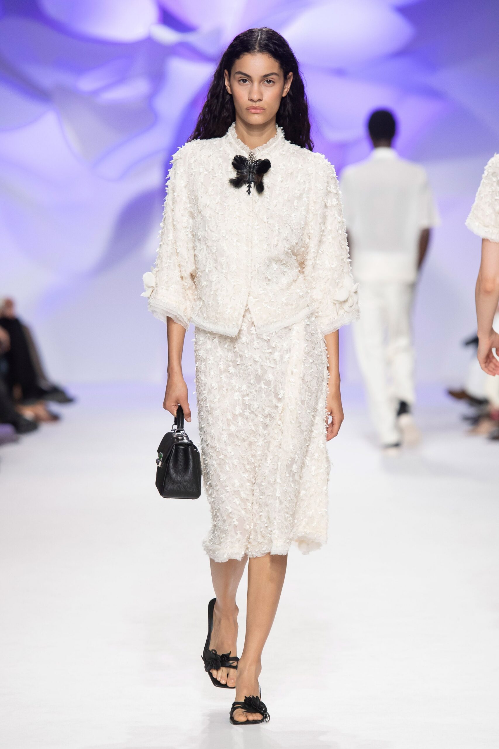 ivory high-neck short-sleeve relaxed embellished textured cropped jacket
