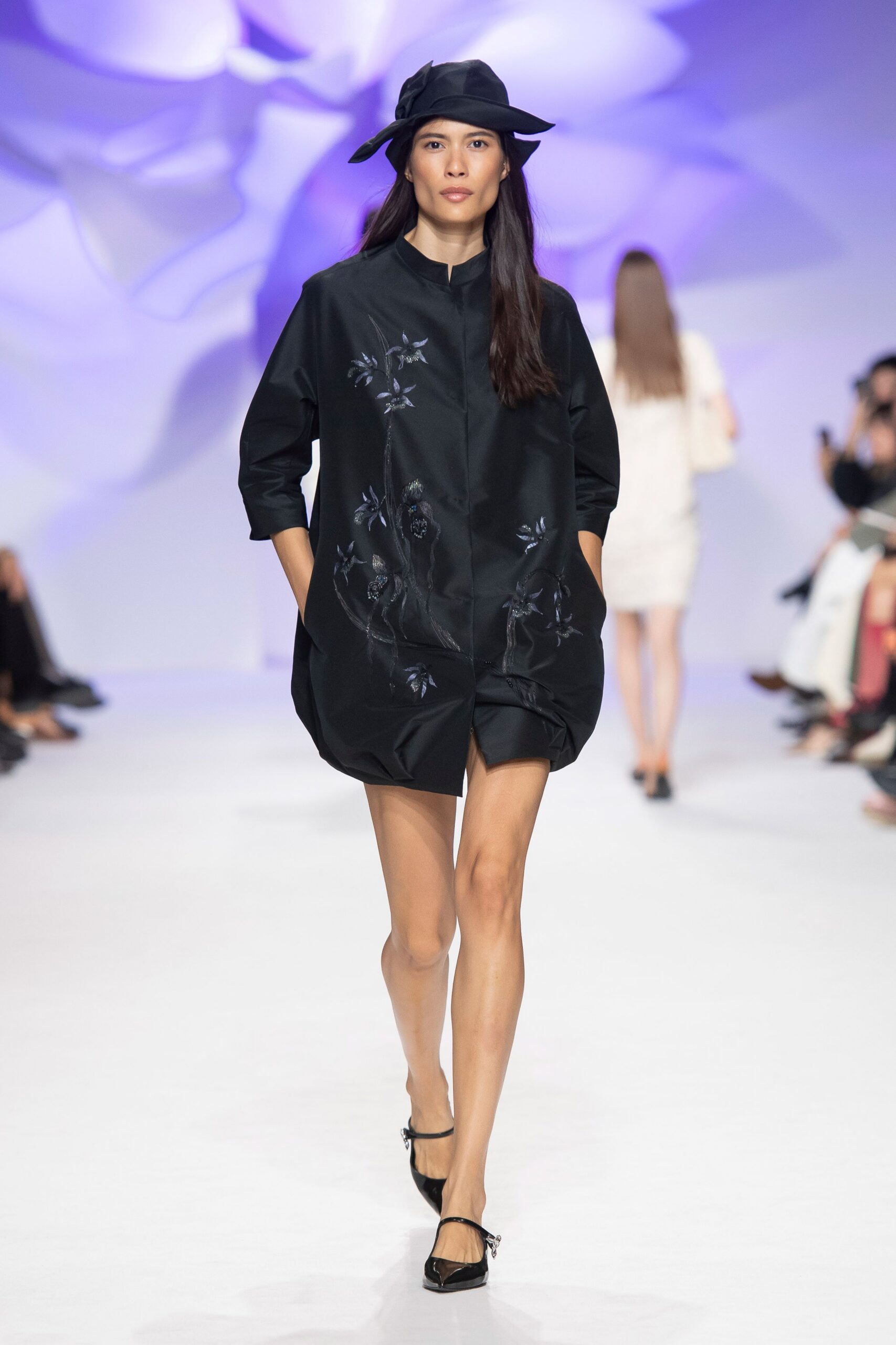 black long-sleeve high-neck oversized embroidered printed mini mini-dress