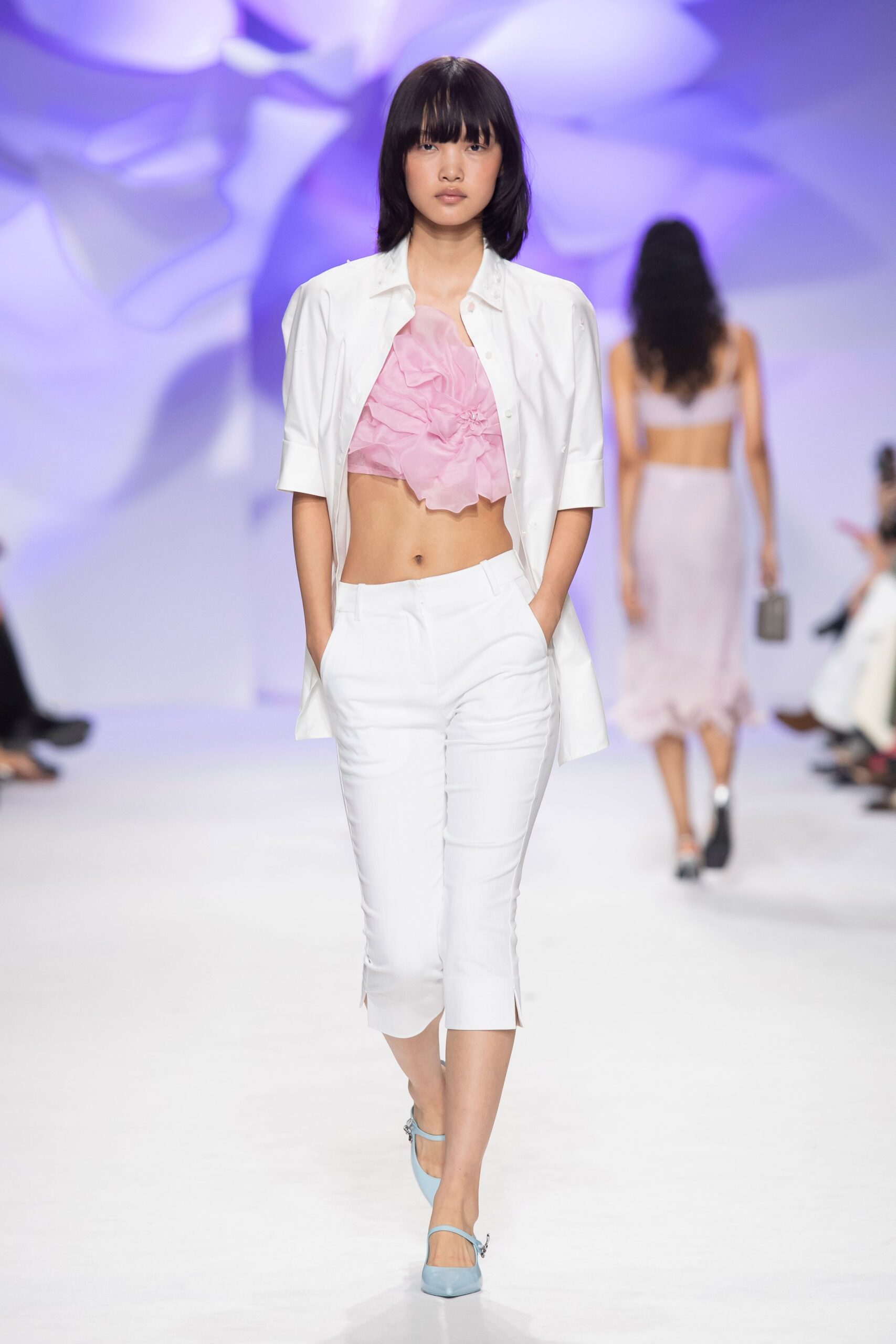 pink organza strapless asymmetric ruffled draped top