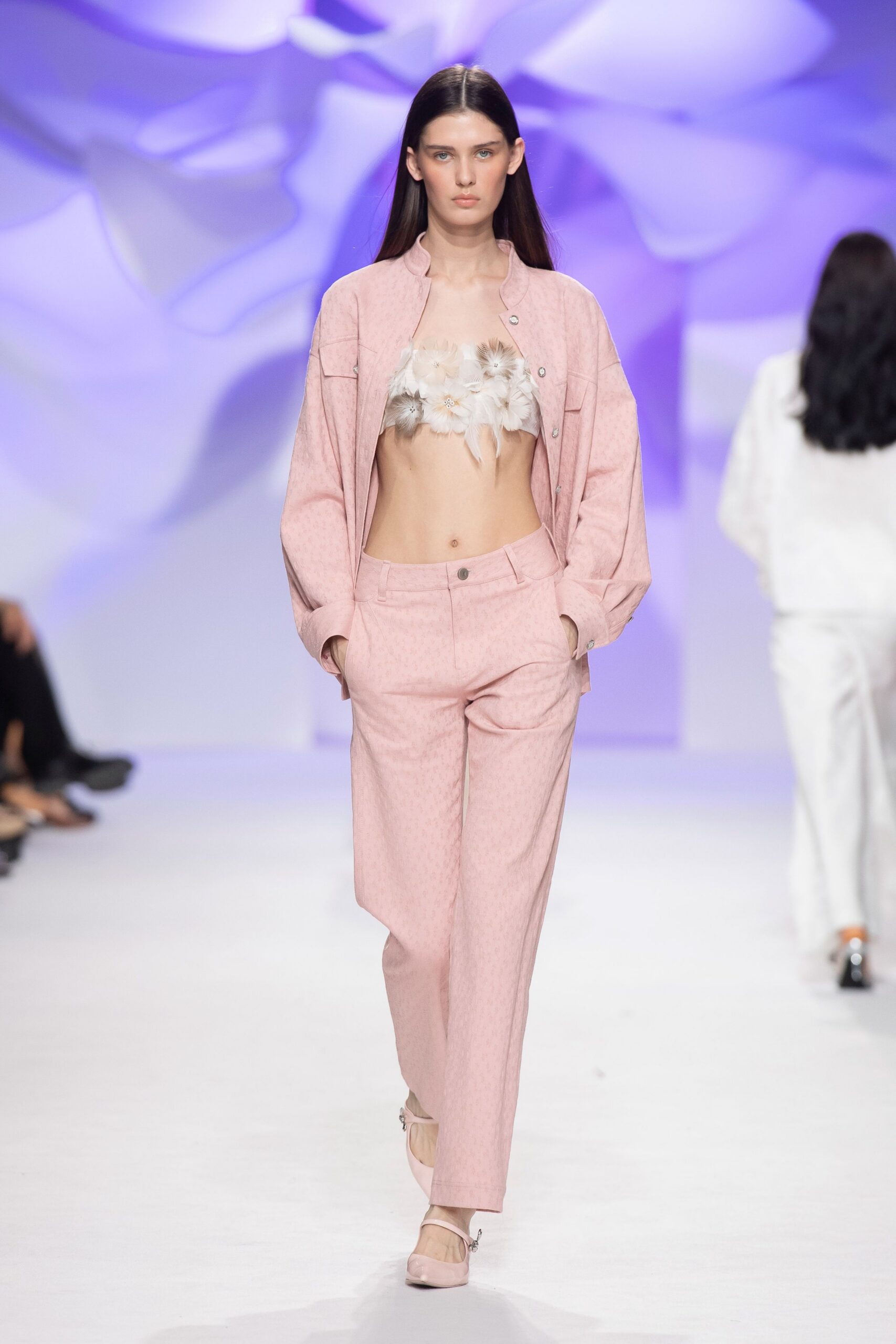 pink long-sleeve open-front relaxed buttoned pockets jacket