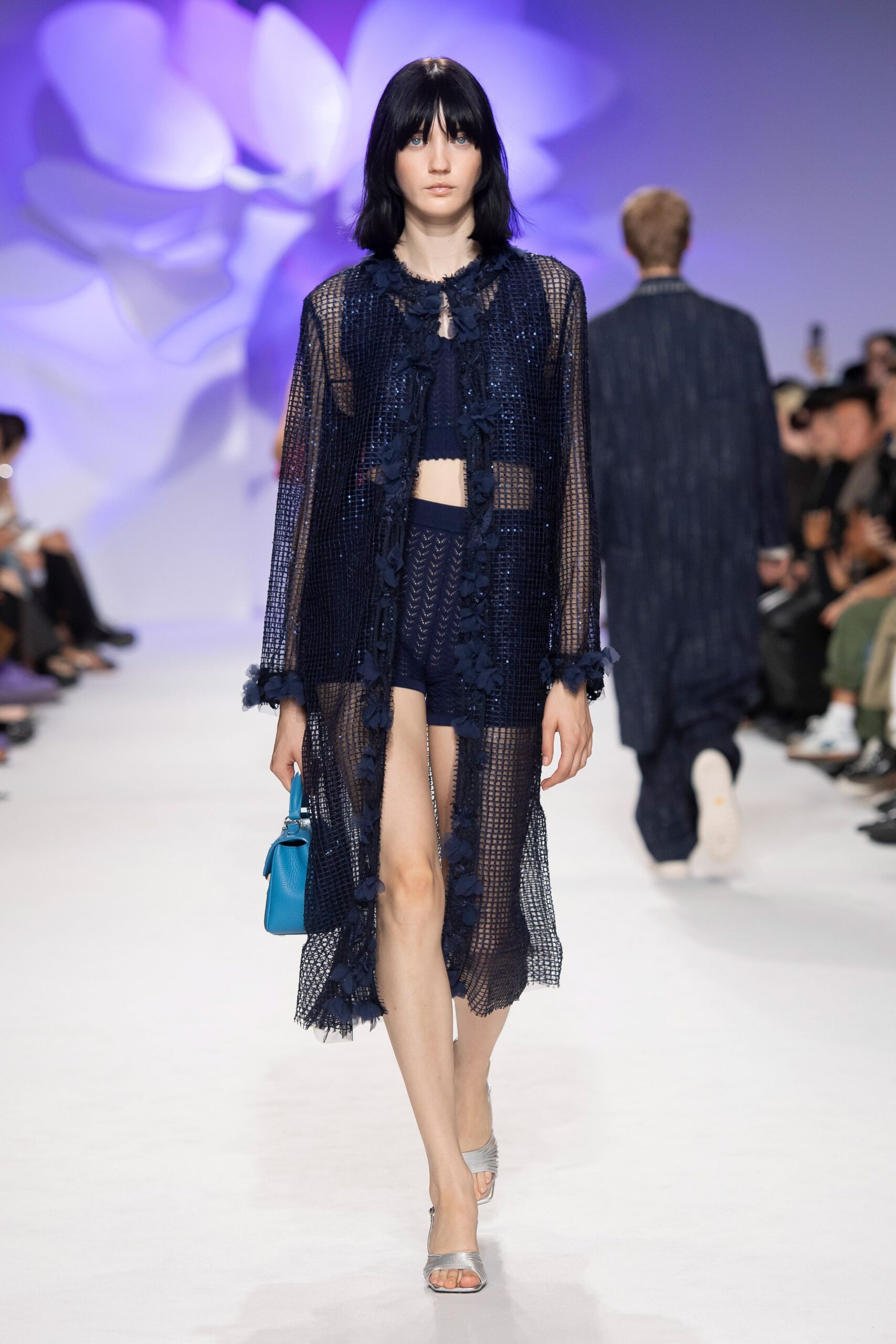 blue mesh long-sleeve open-front embellished sheer textured cardigan