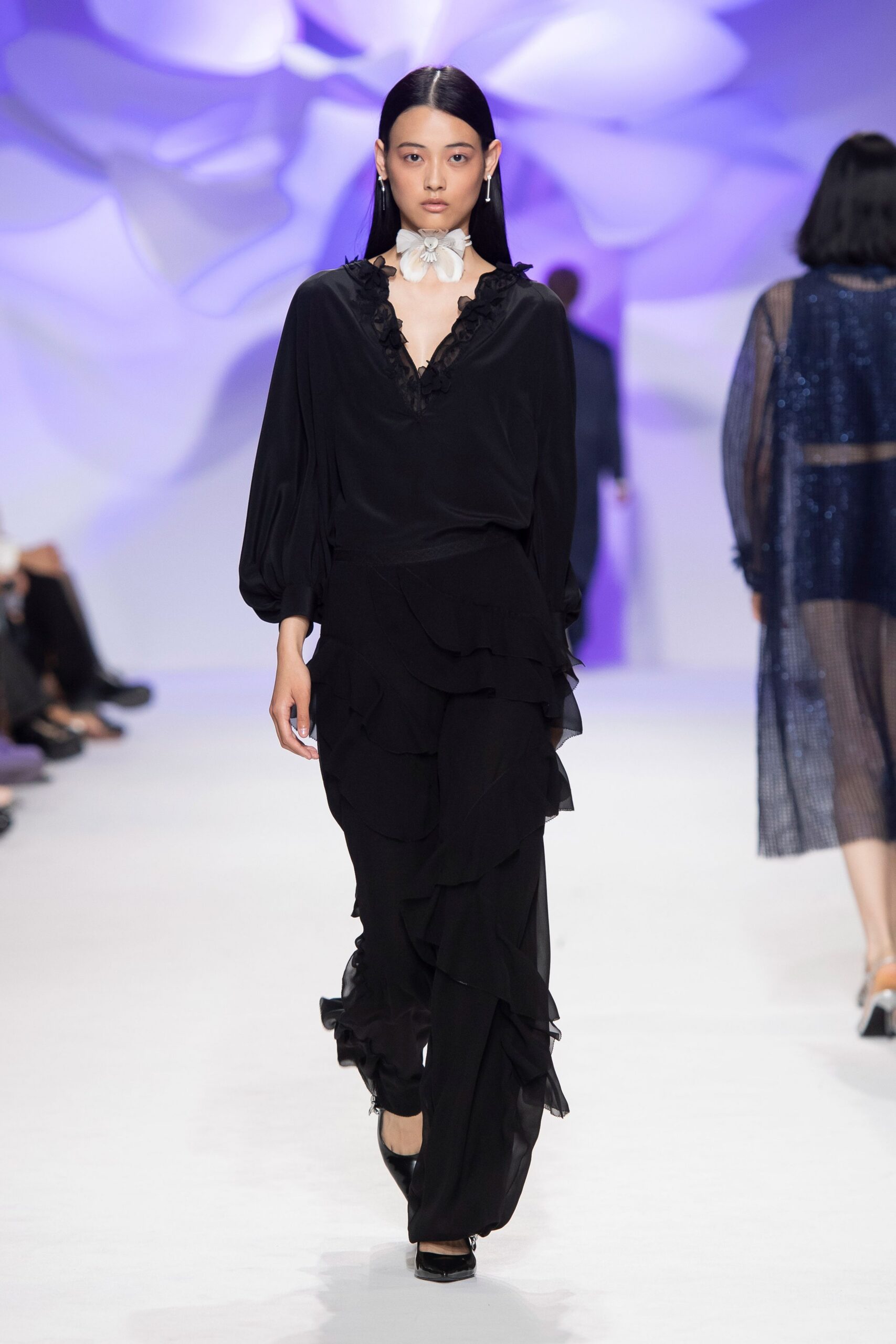 black silk long-sleeve v-neck relaxed ruffled draped blouse