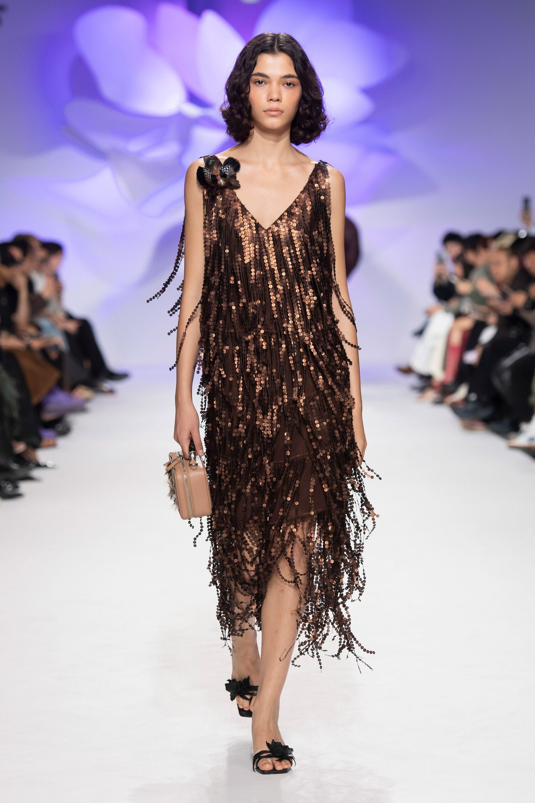 brown sequin sleeveless v-neck sequined fringed midi-dress