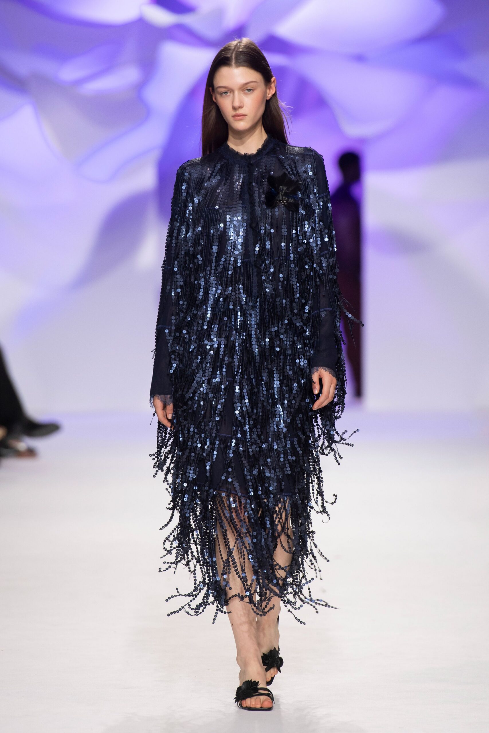 blue sequin long-sleeve high-neck sequined fringed maxi-dress