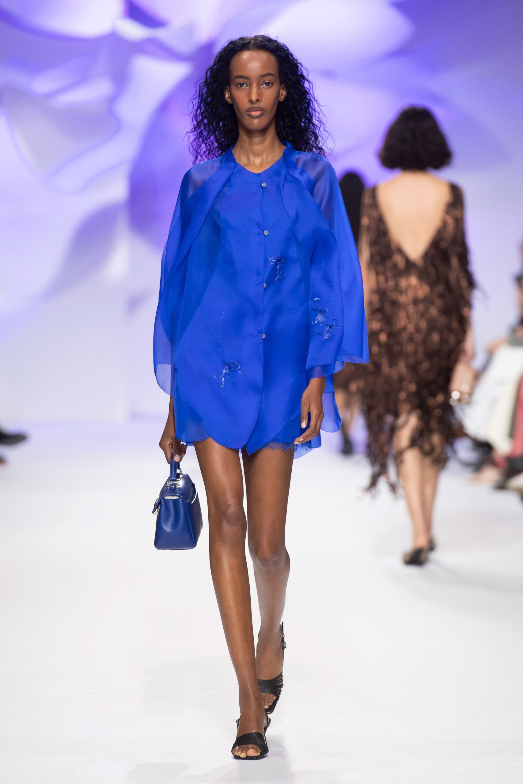 blue chiffon long-sleeve high-neck buttoned embroidered mini-dress