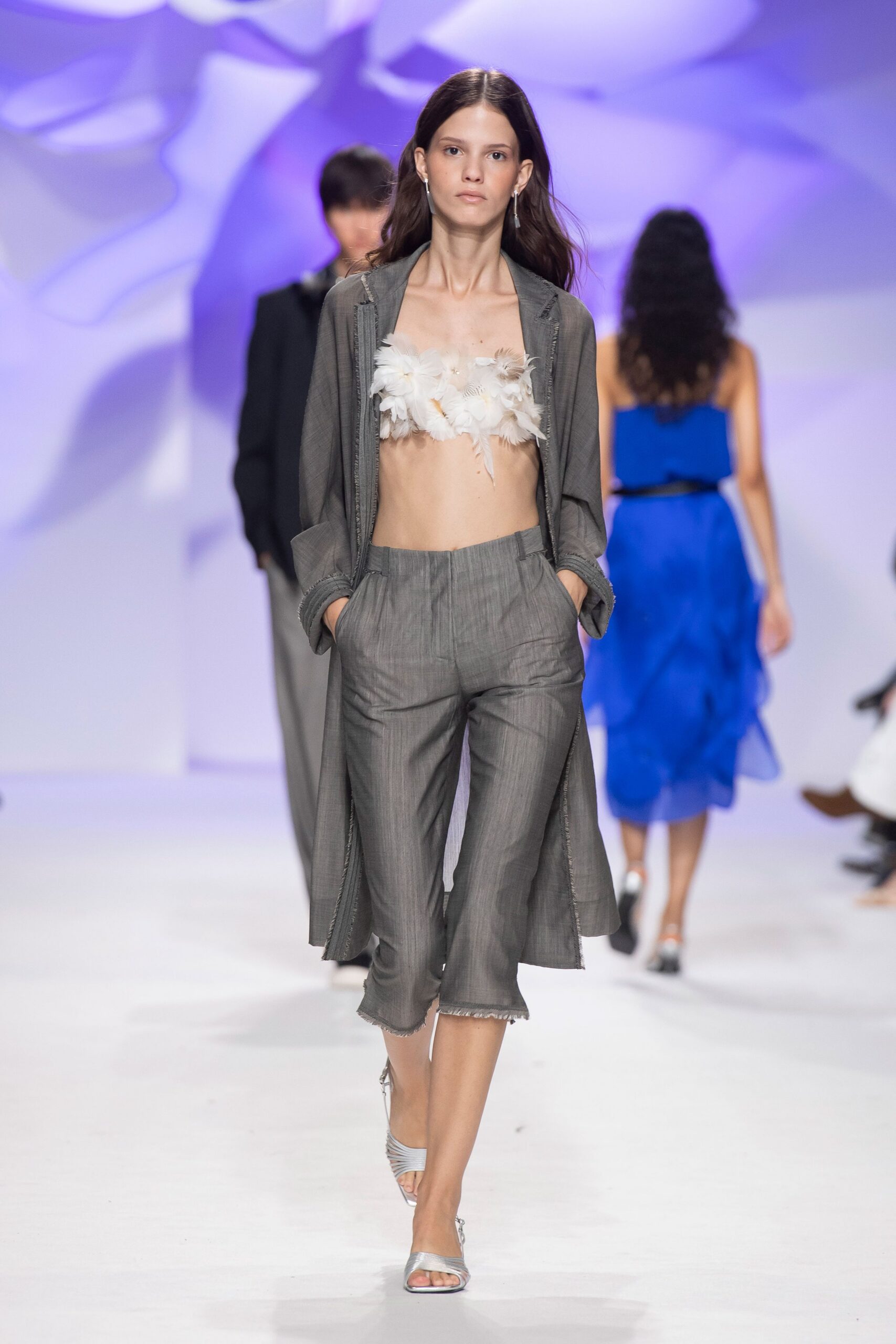 gray high-waisted wide-leg fringed pants