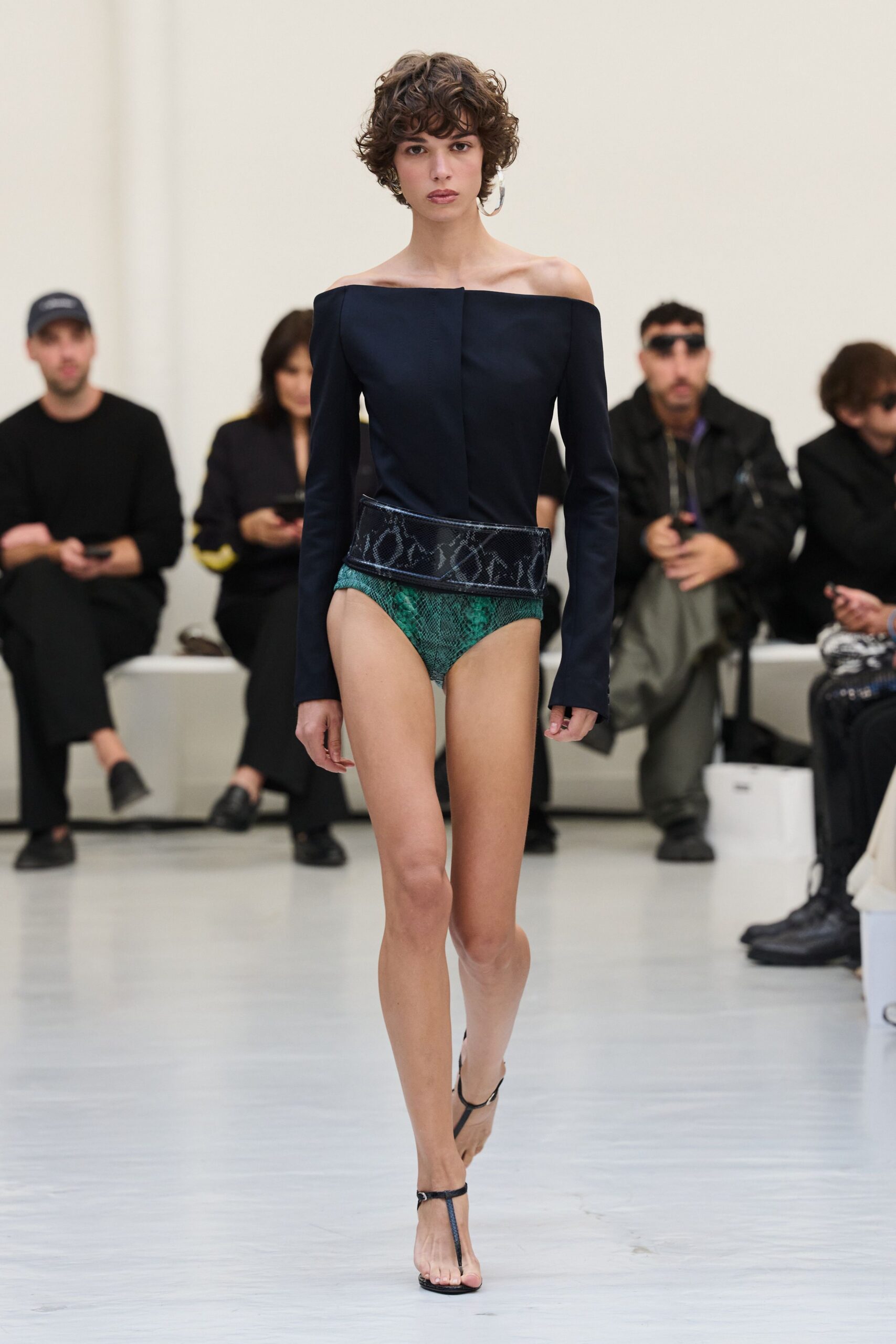 black off-shoulder long-sleeve fitted bodysuit