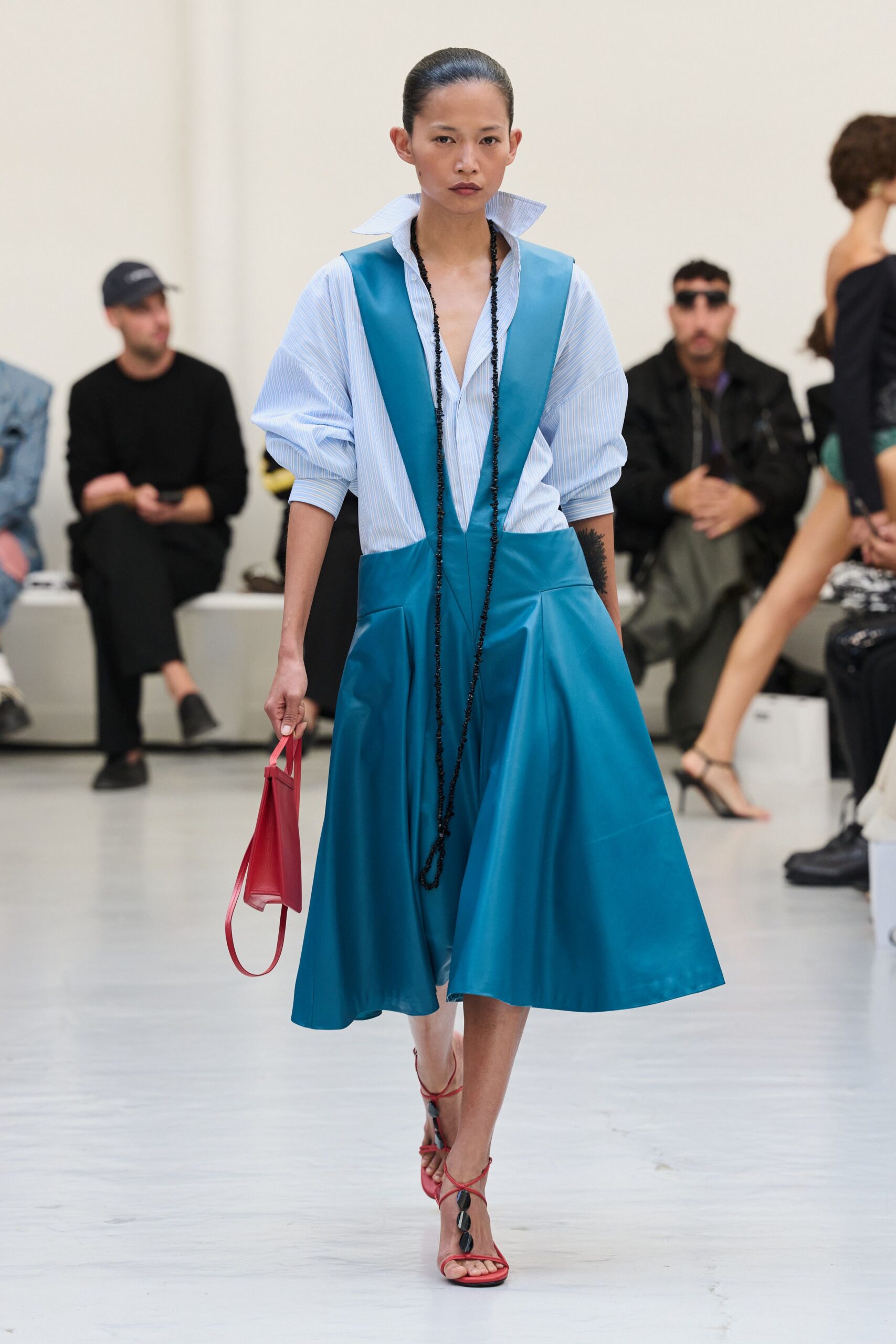 teal leather sleeveless v-neck structured panelled midi dress