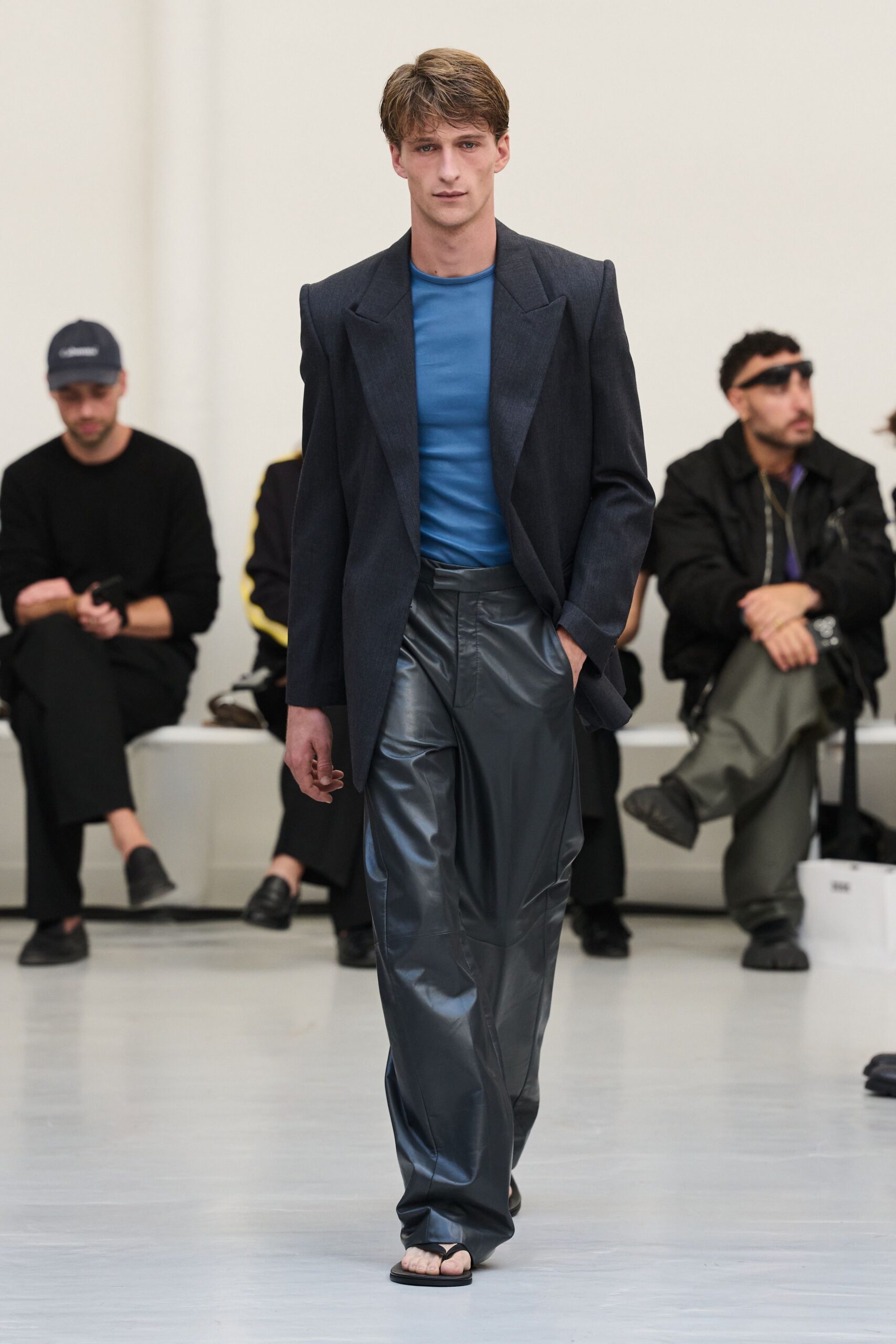 gray leather high-waisted wide-leg shiny pants