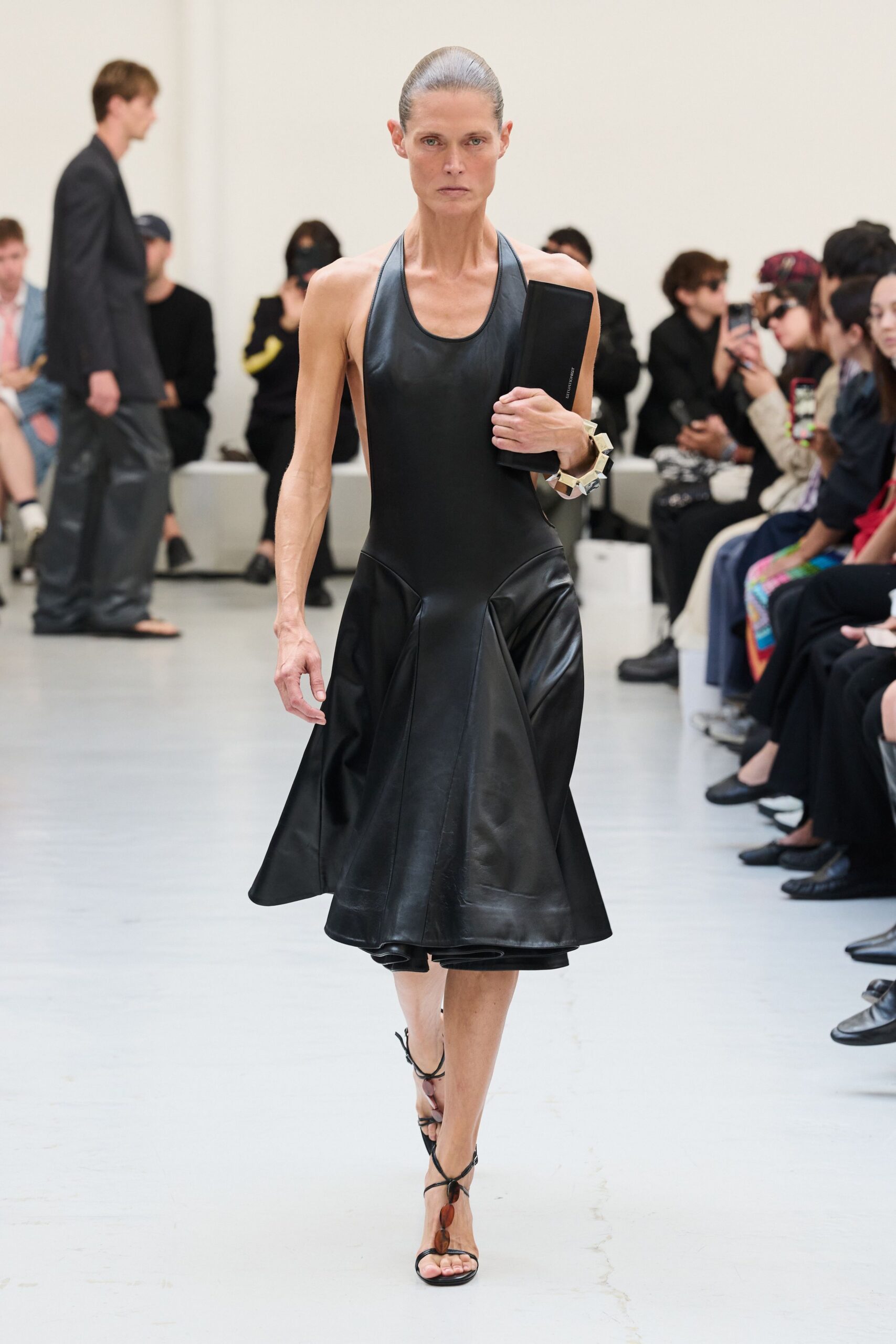 black leather halter sleeveless fitted panelled flared midi-dress