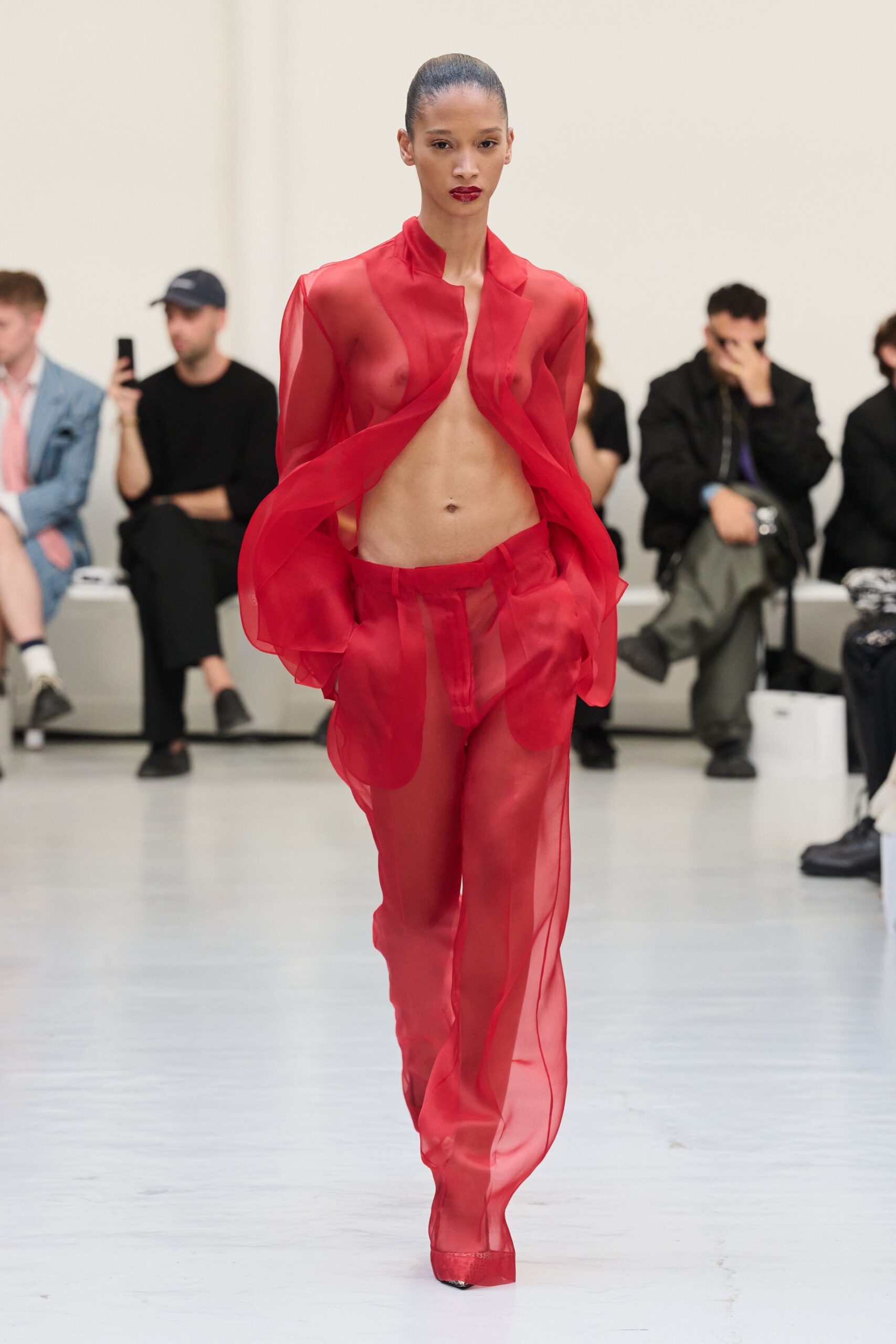 red organza wide-leg sheer flowing pants
