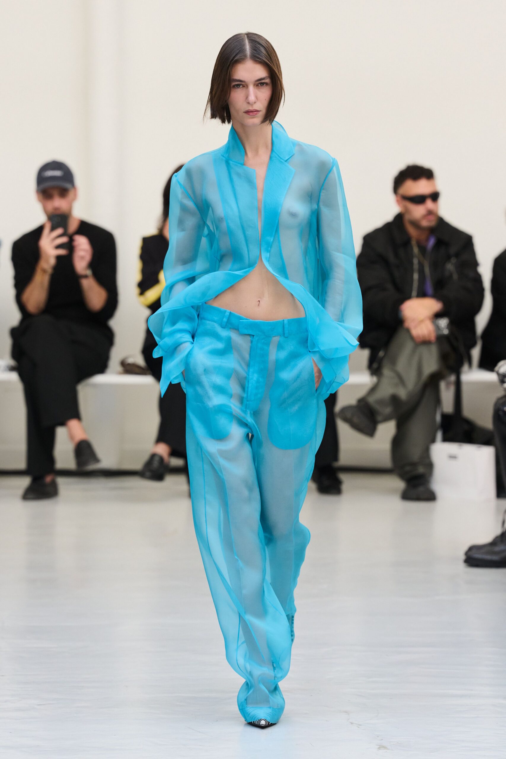 blue organza long-sleeve collared draped sheer flowing jacket