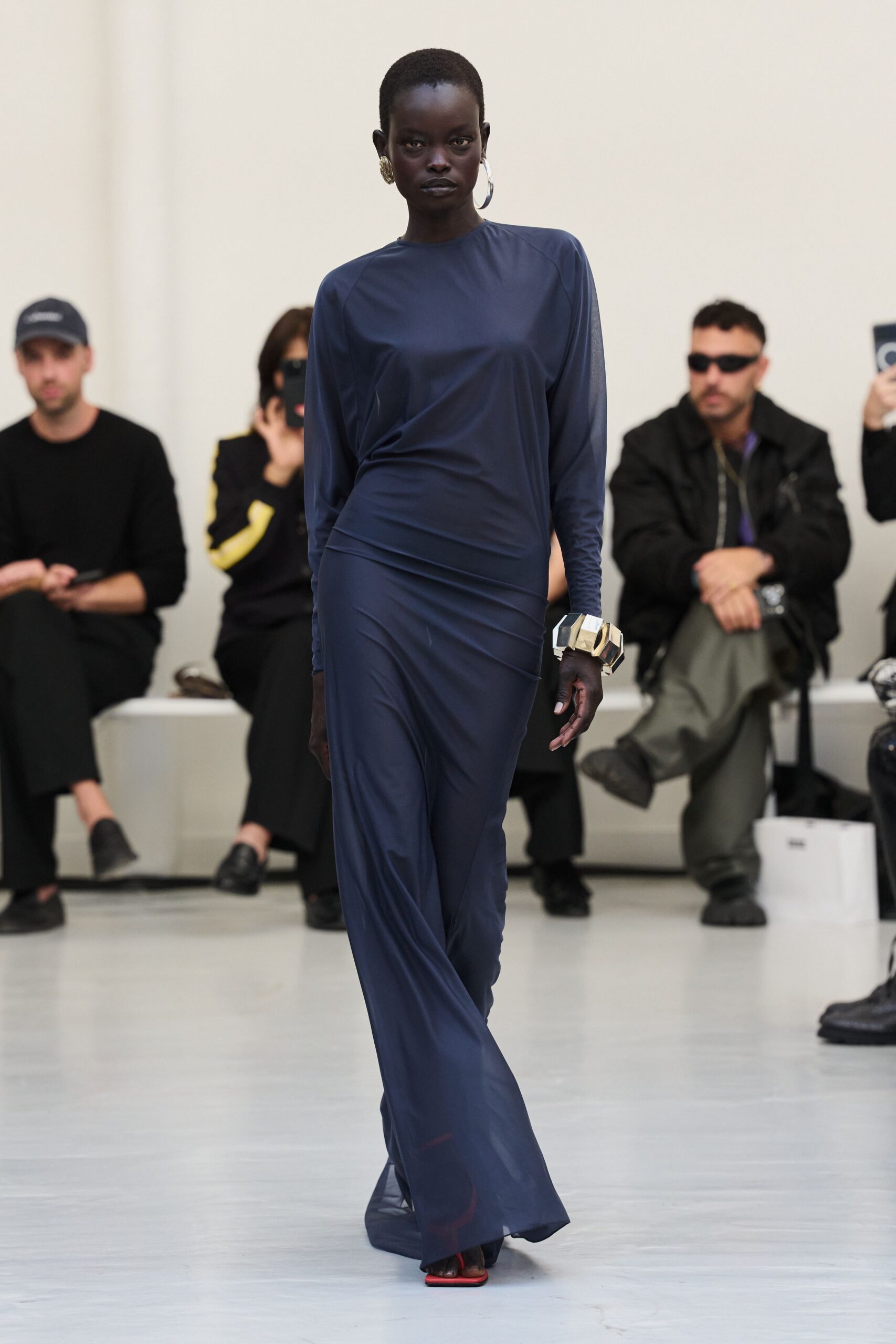 blue jersey long-sleeve high-neck fitted draped ruched maxi-dress