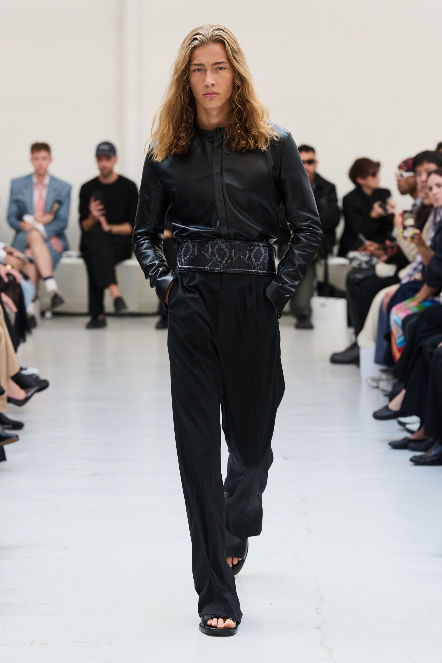 black leather long-sleeve high-neck relaxed belted wide-leg jumpsuit