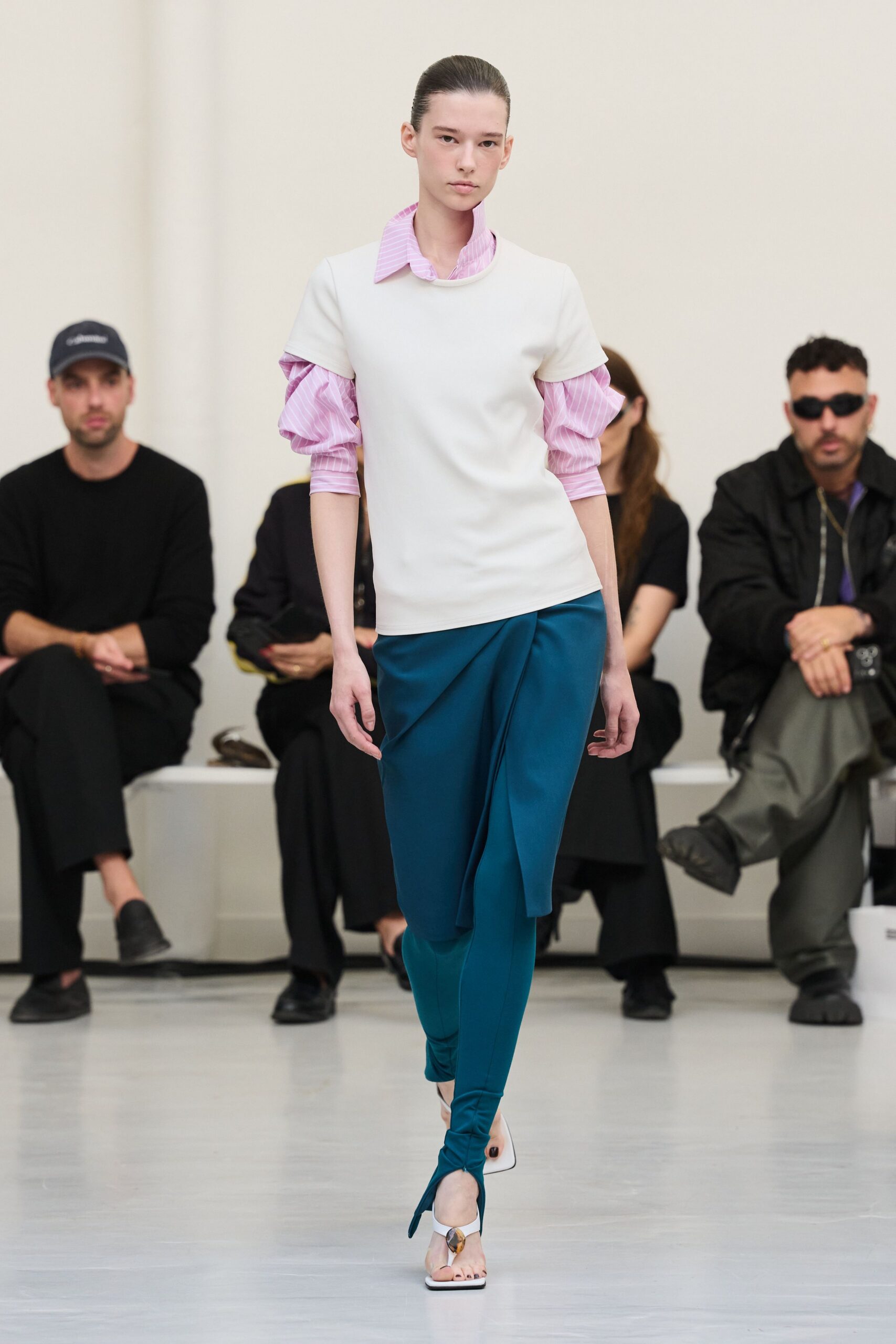pink collared long-sleeve striped shirt