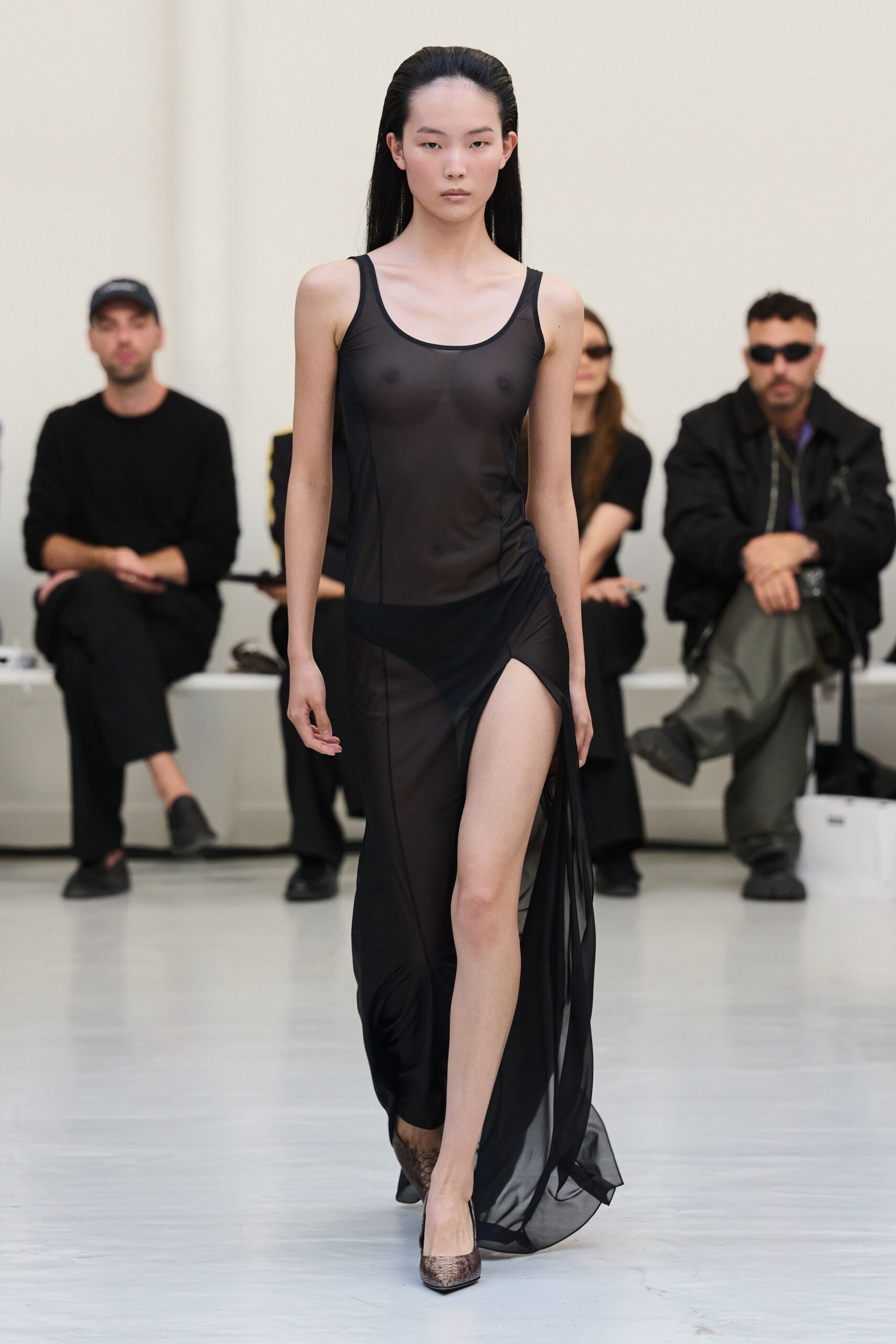 black mesh sleeveless scoop-neck fitted draped maxi-dress