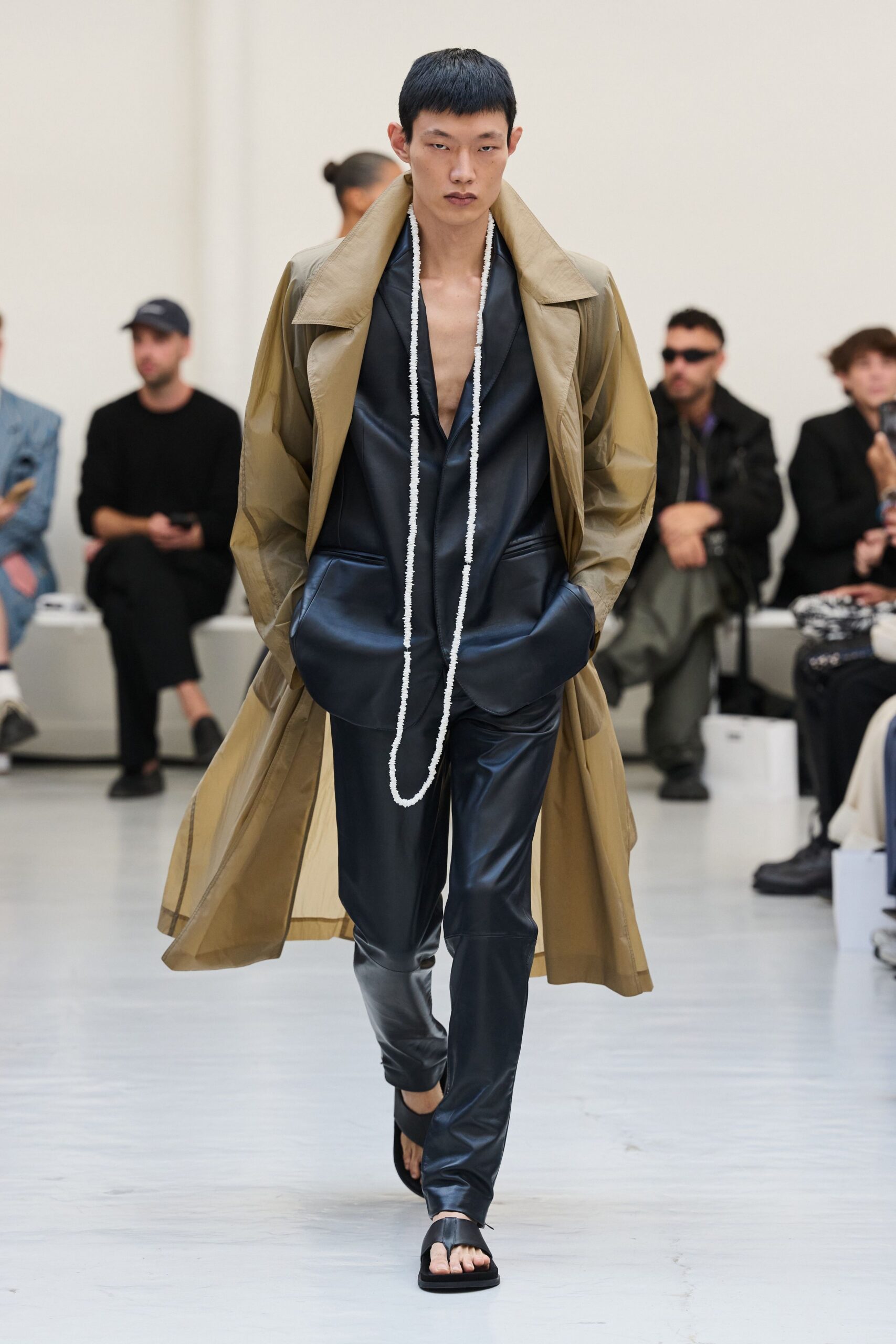 green nylon long-sleeve collared oversized sheer flowing trench