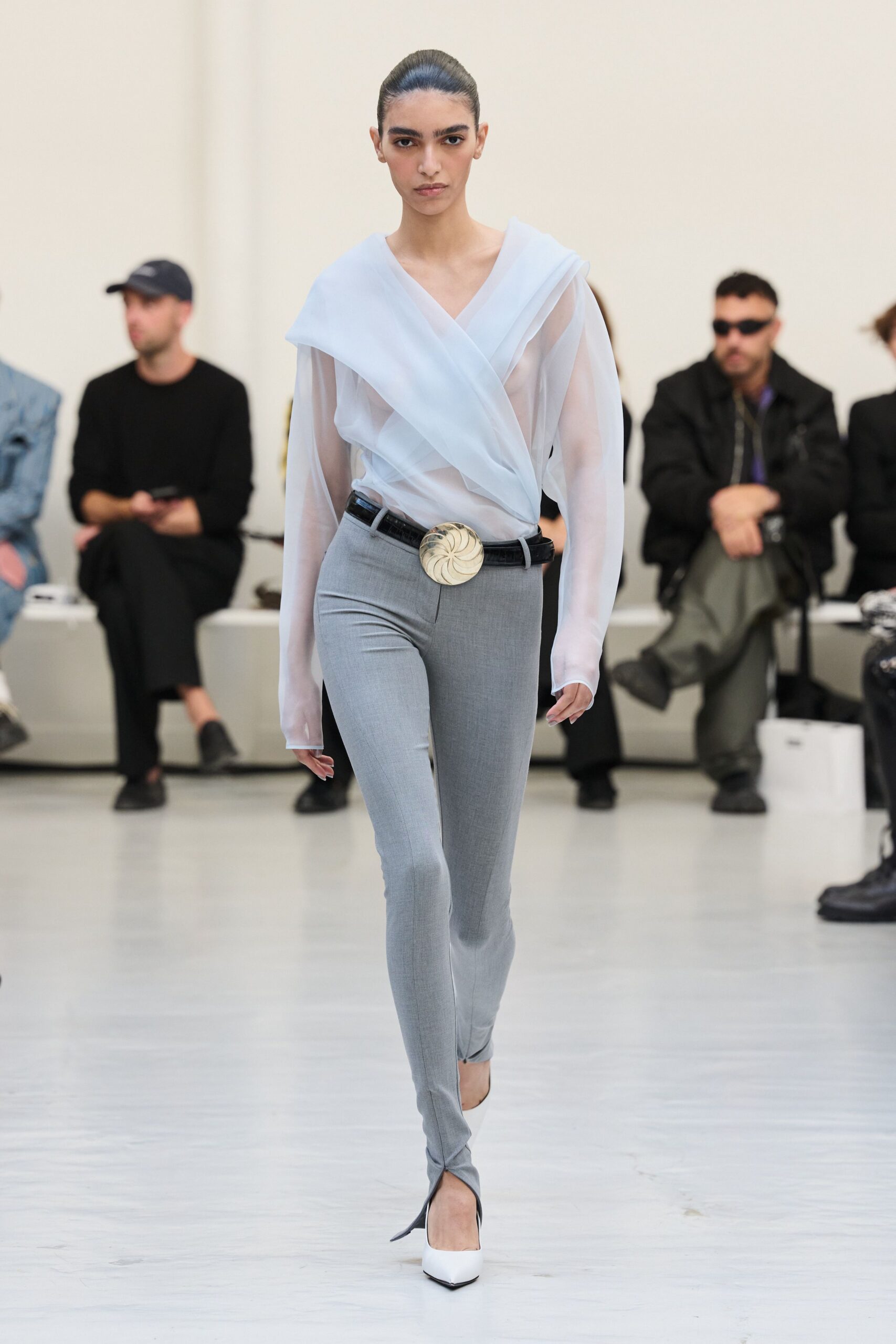 white chiffon long-sleeve v-neck draped sheer flowing blouse