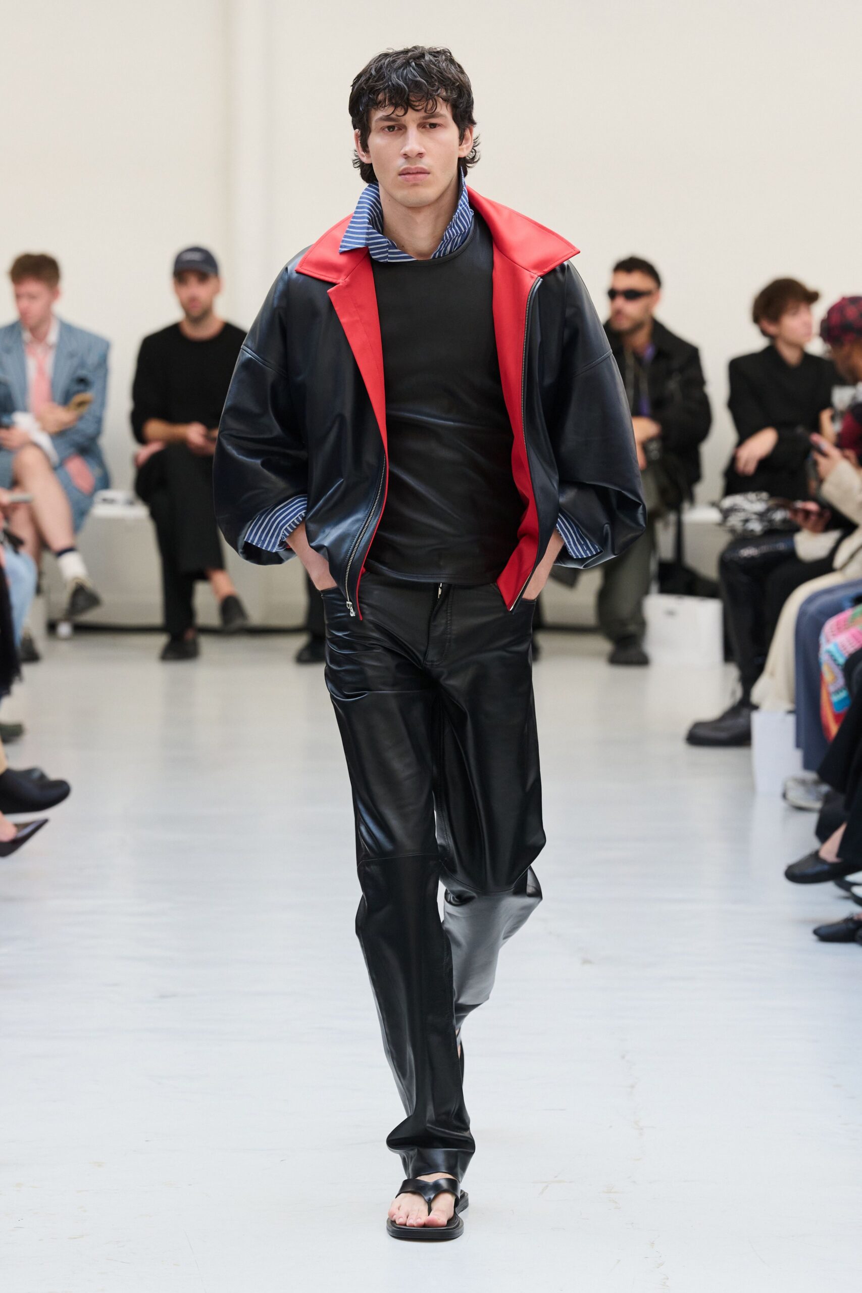 black leather long-sleeve collared oversized color-blocked zippered jacket