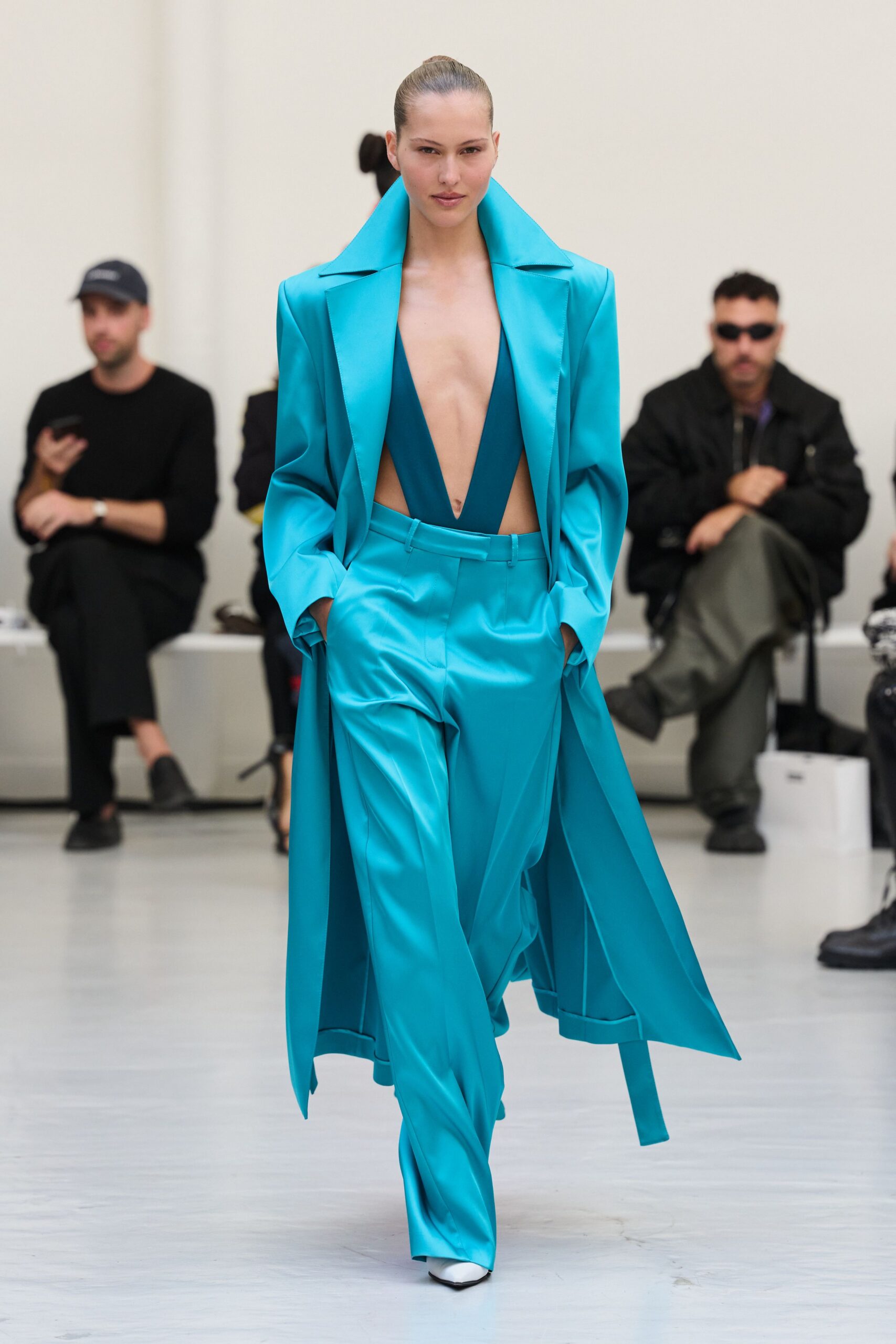 teal satin long-sleeve collared oversized shiny flowing coat