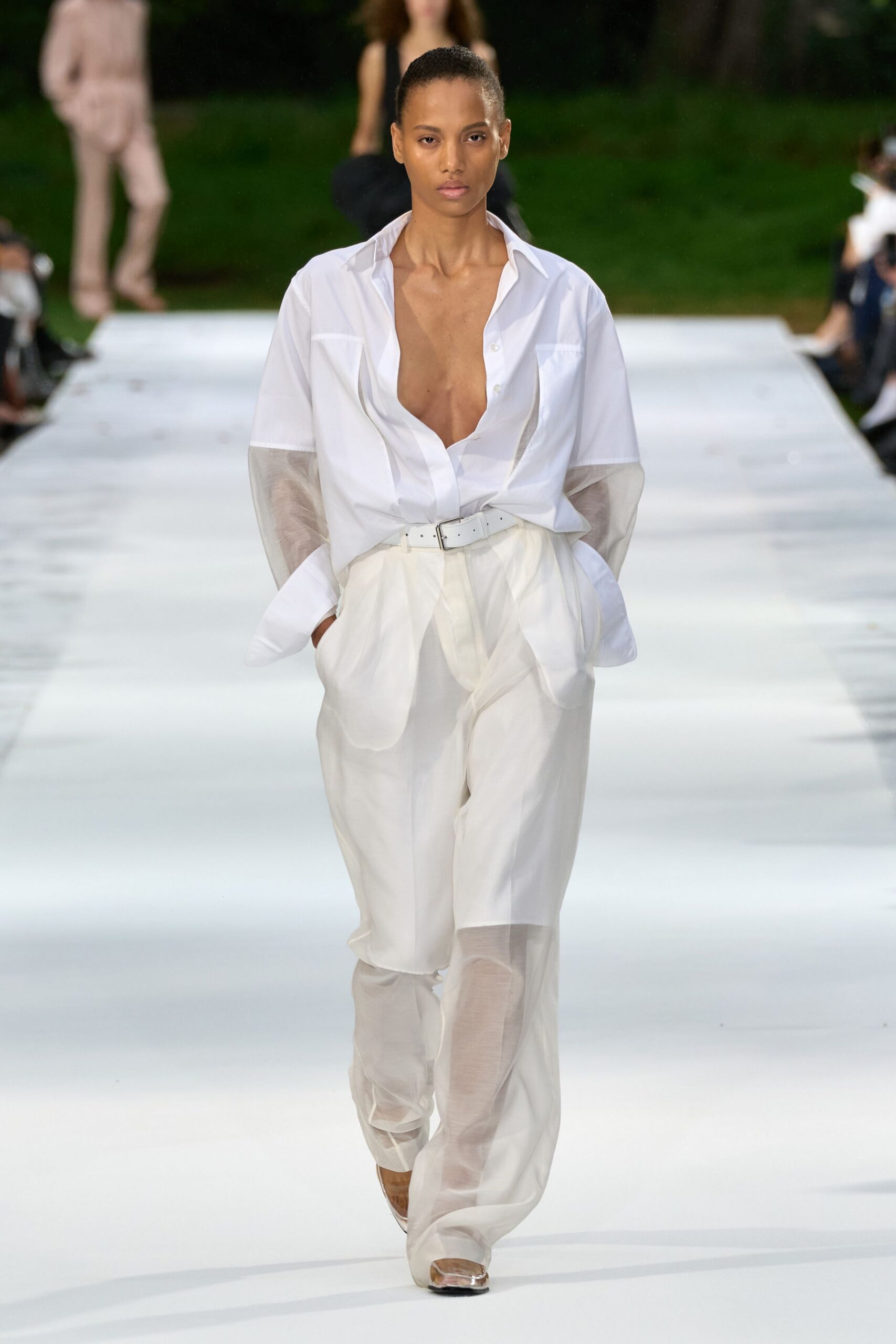 sheer white wide-leg trousers
