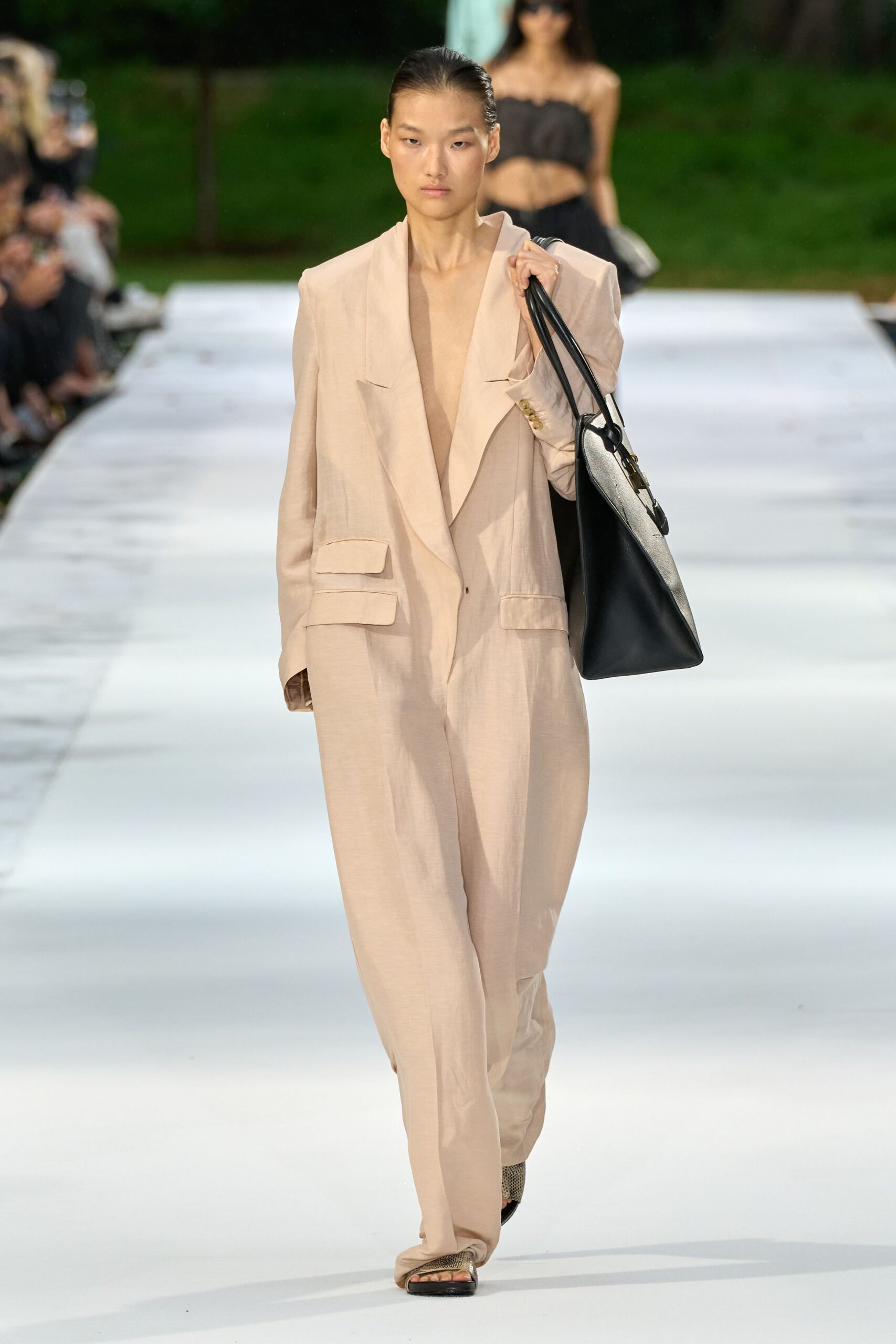 plunging beige tailored jumpsuit
