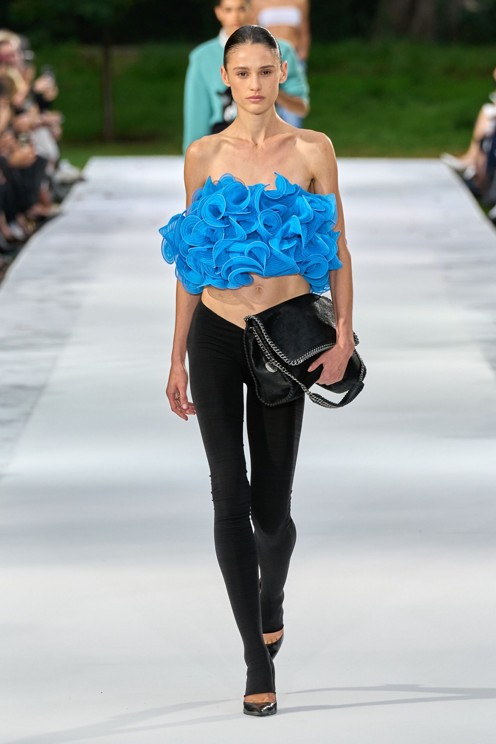 blue ruffled strapless cropped top