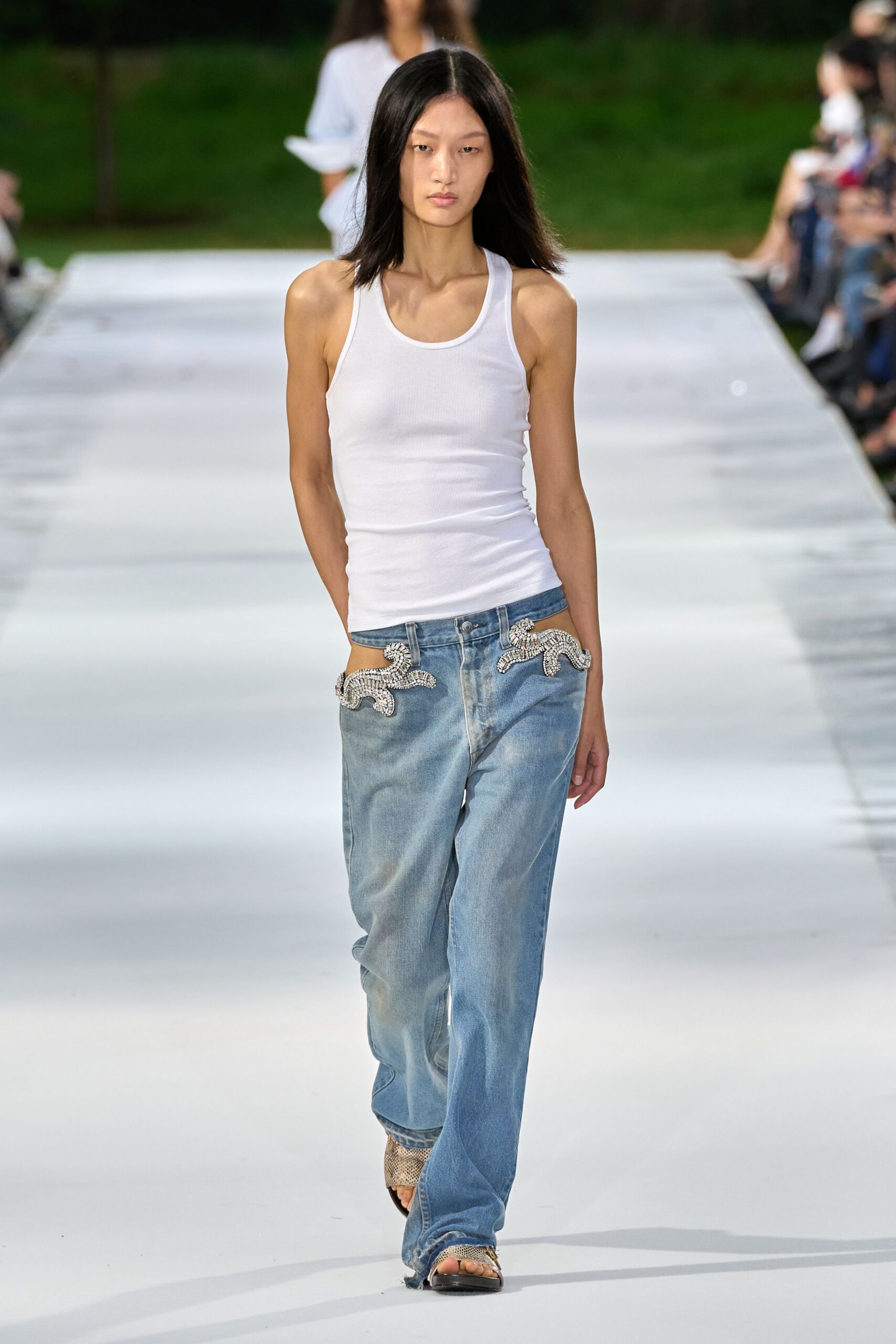 crystal-appliqué low-rise wide-leg jeans