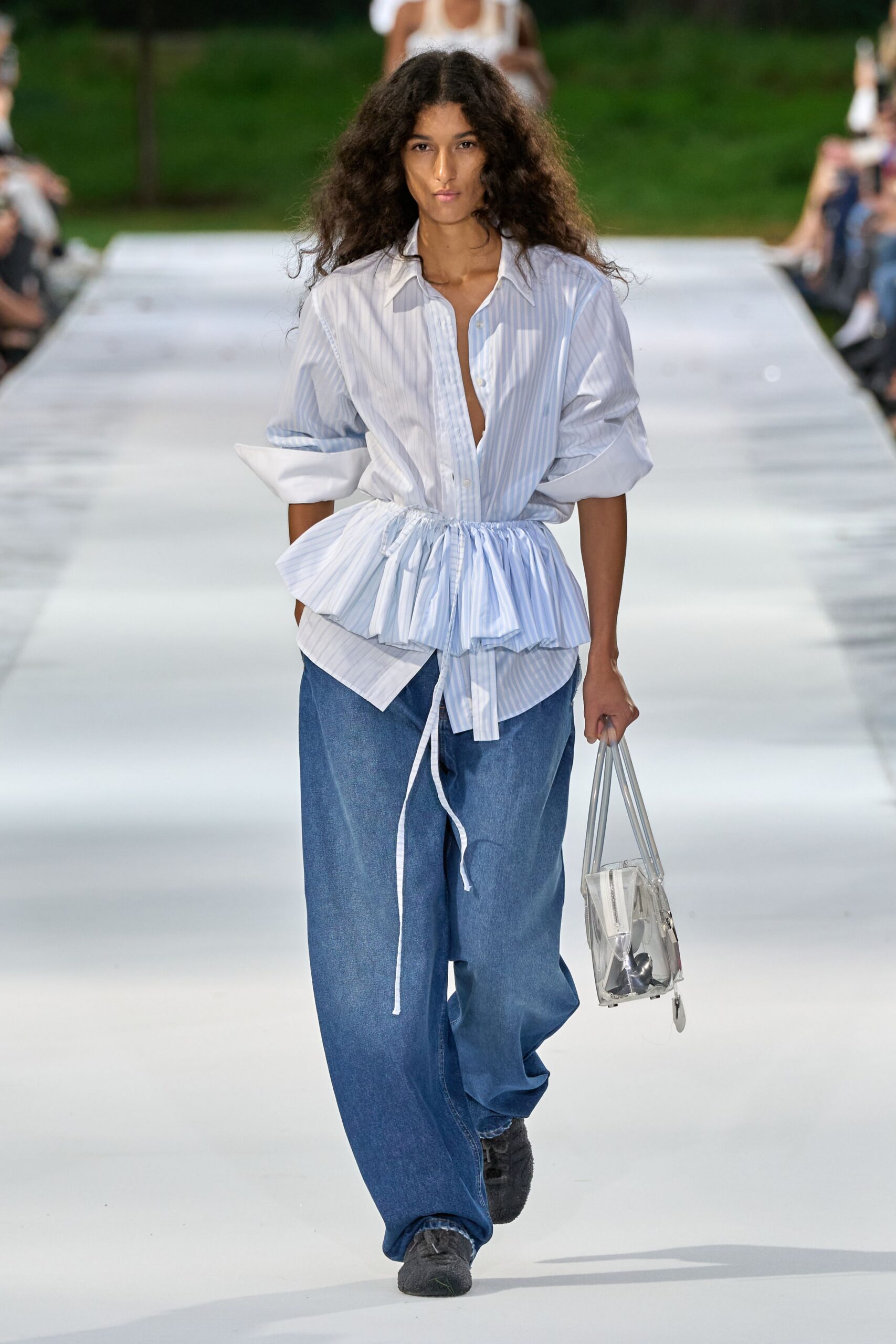 striped peplum button-down shirt