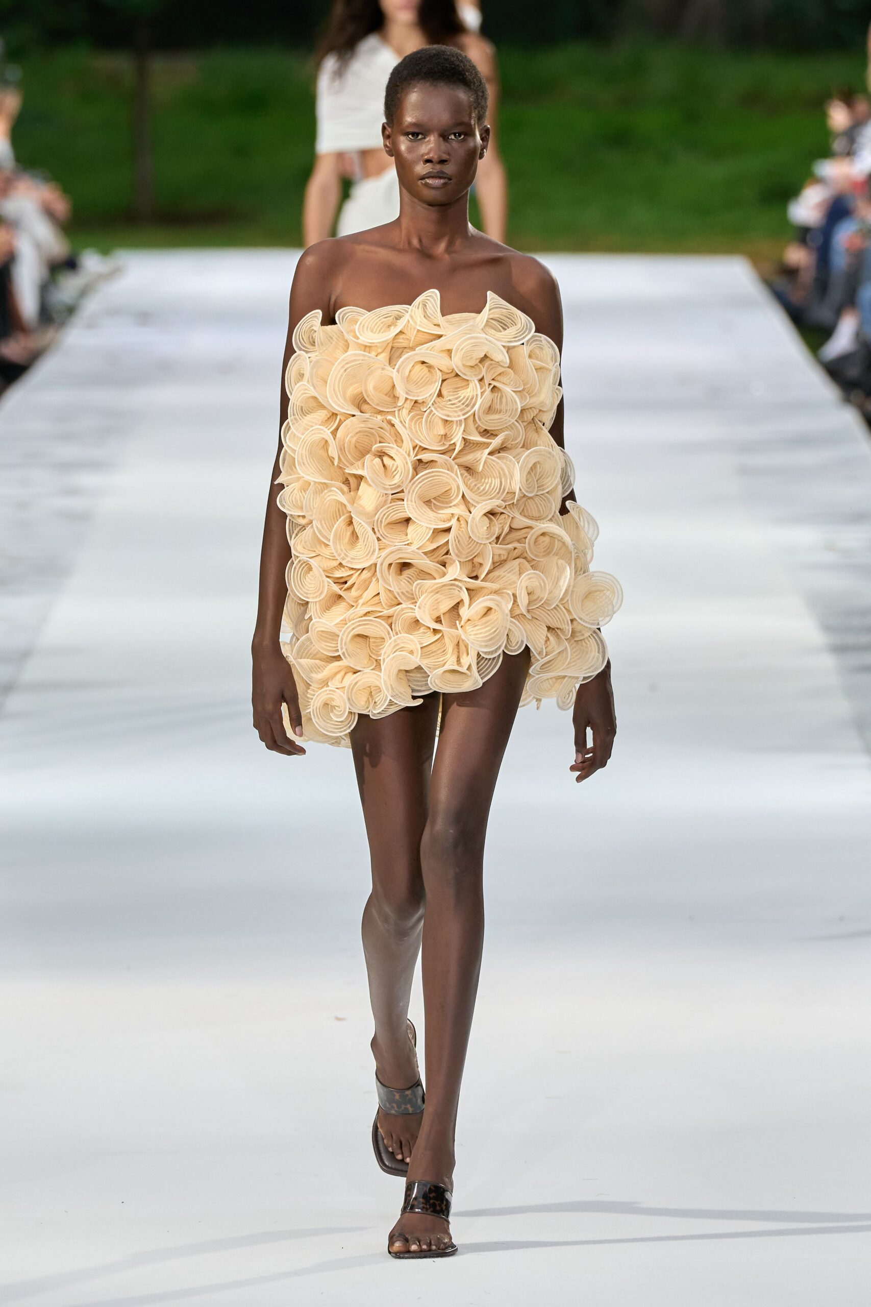 sculptural rosette strapless mini dress