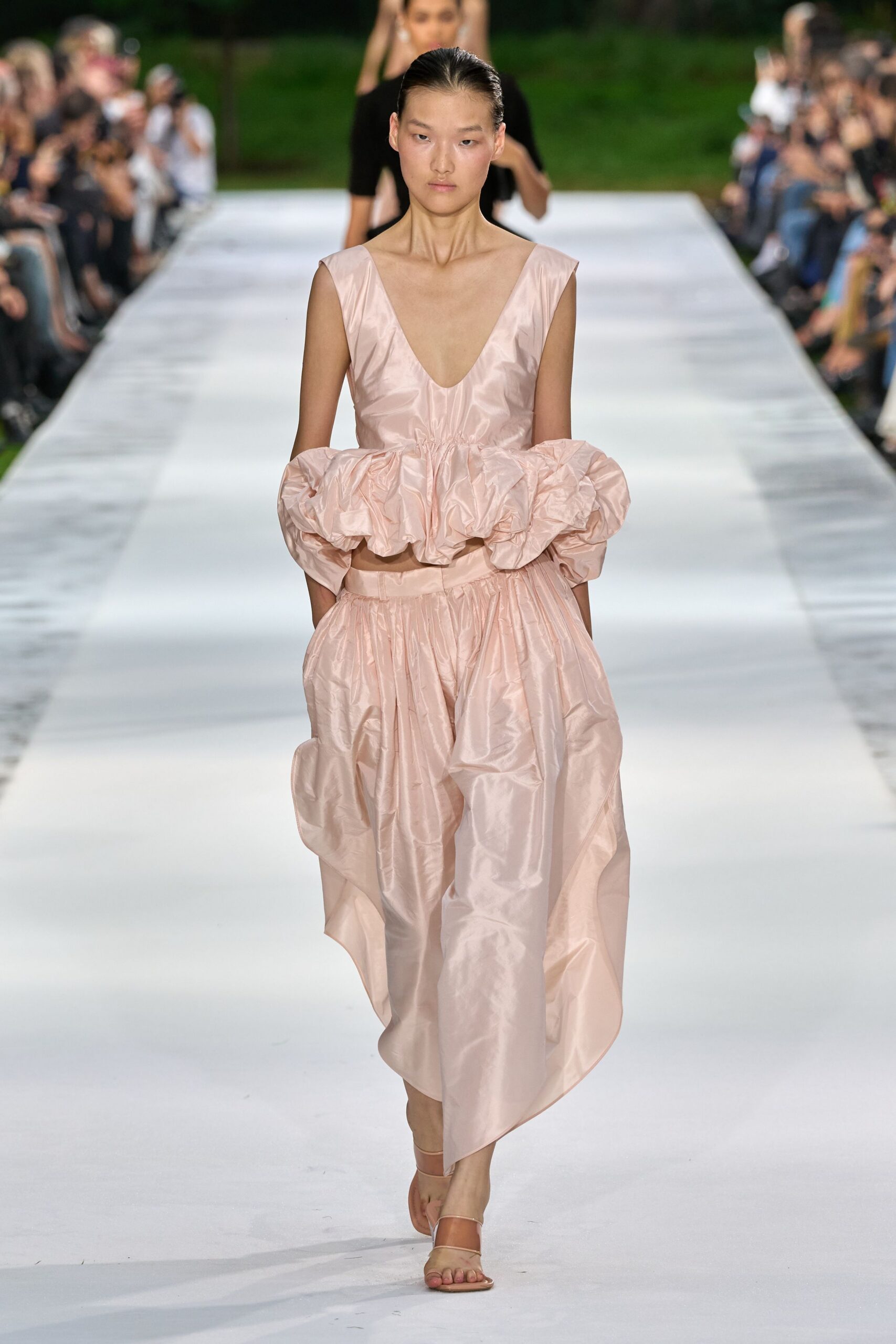 blush bubble-ruffle evening dress