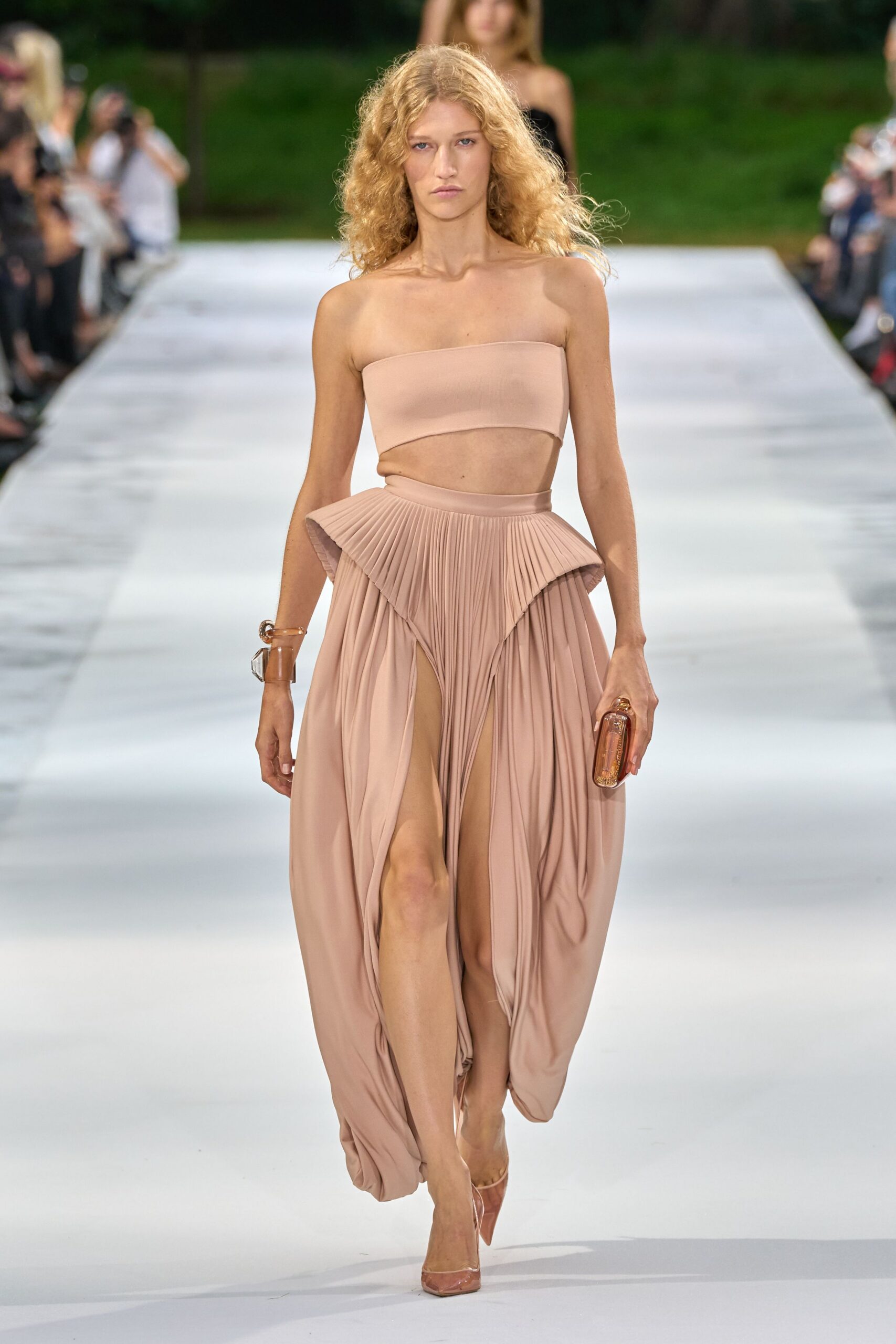 blush pleated draped maxi skirt