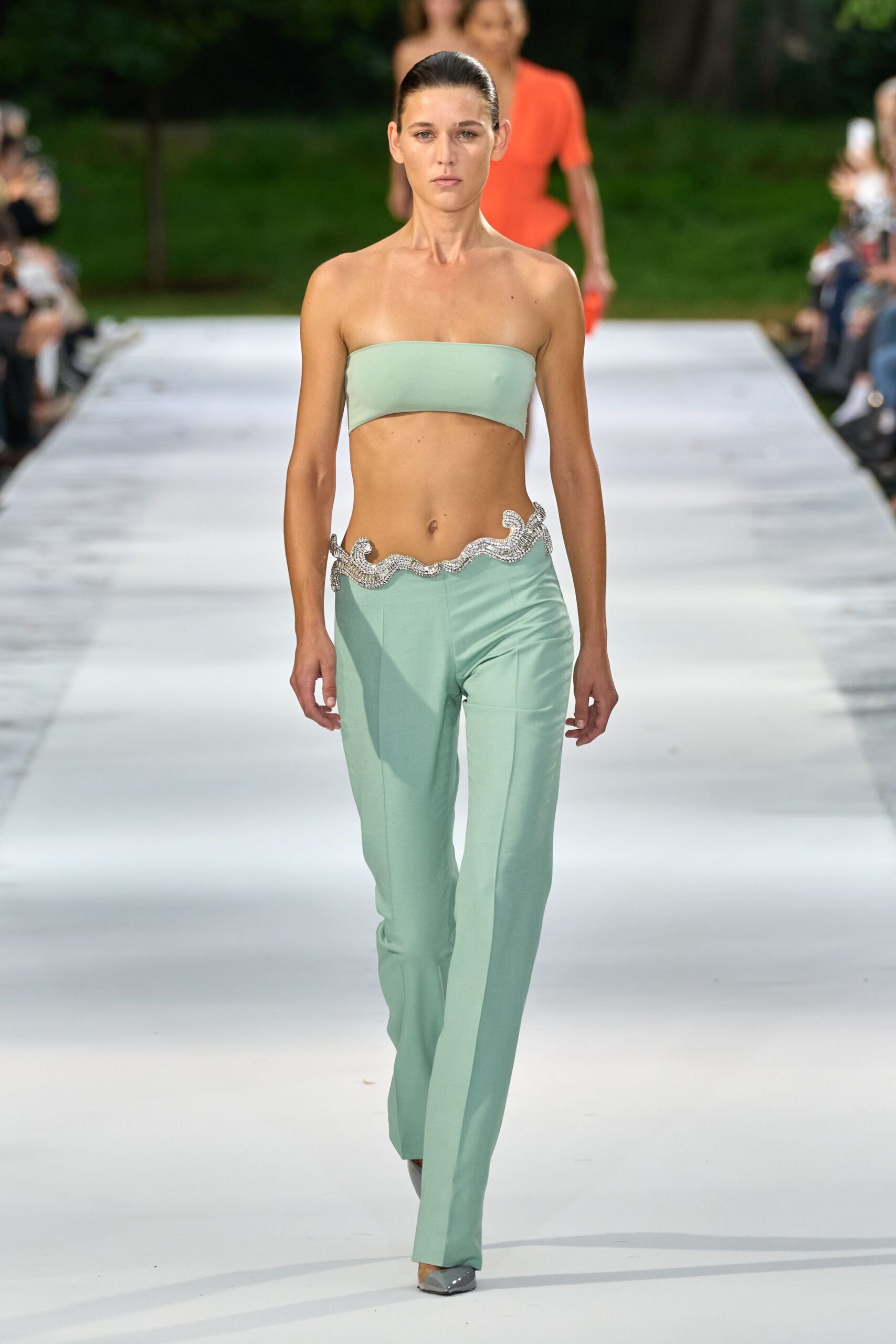 mint bandeau top and embellished trousers