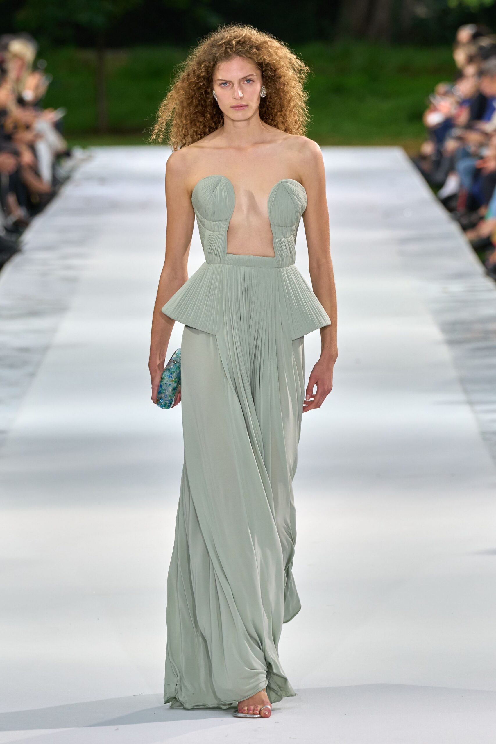 plunging pleated chiffon evening gown