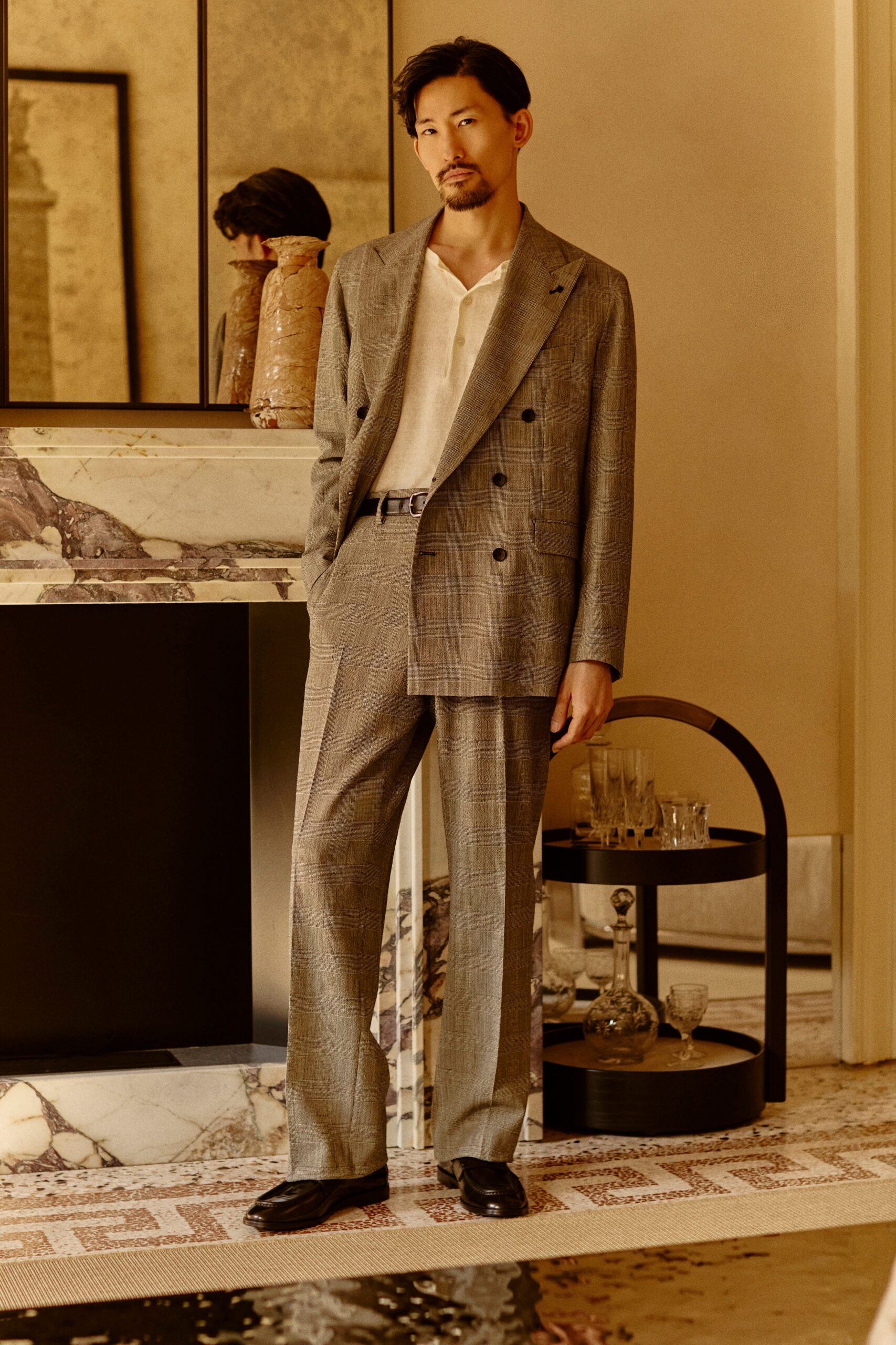 gray wool tailored checked straight-leg pants