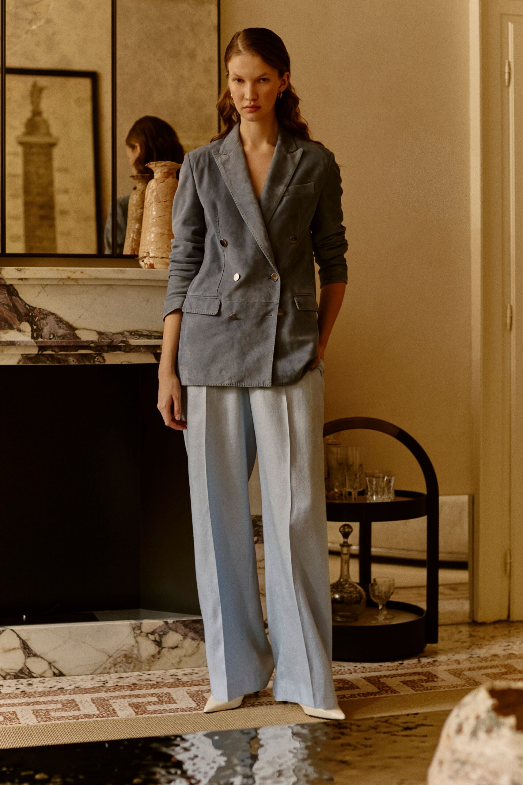 blue suede double-breasted long-sleeve tailored buttoned textured blazer