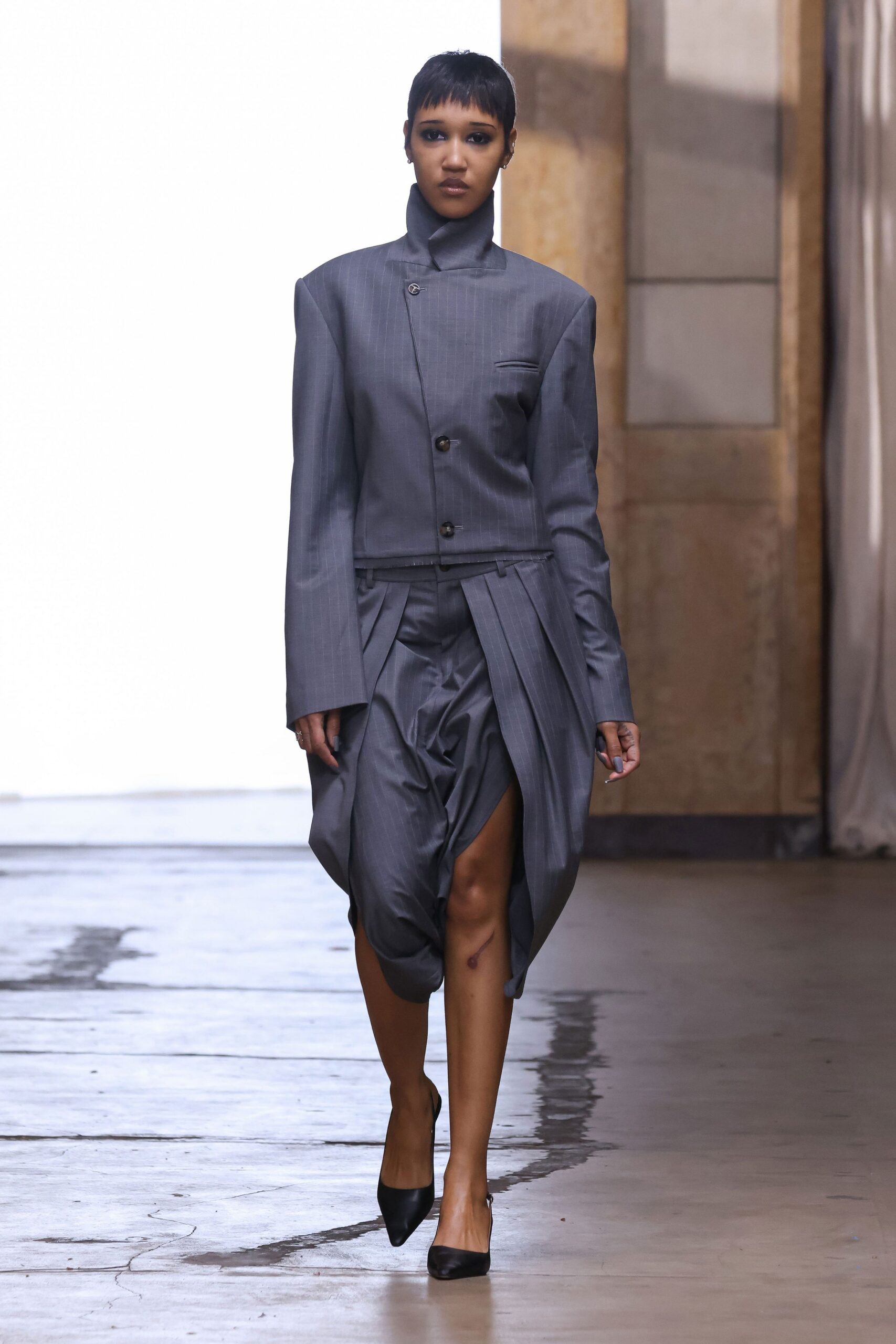 gray wool asymmetric slit pinstriped draped midi skirt