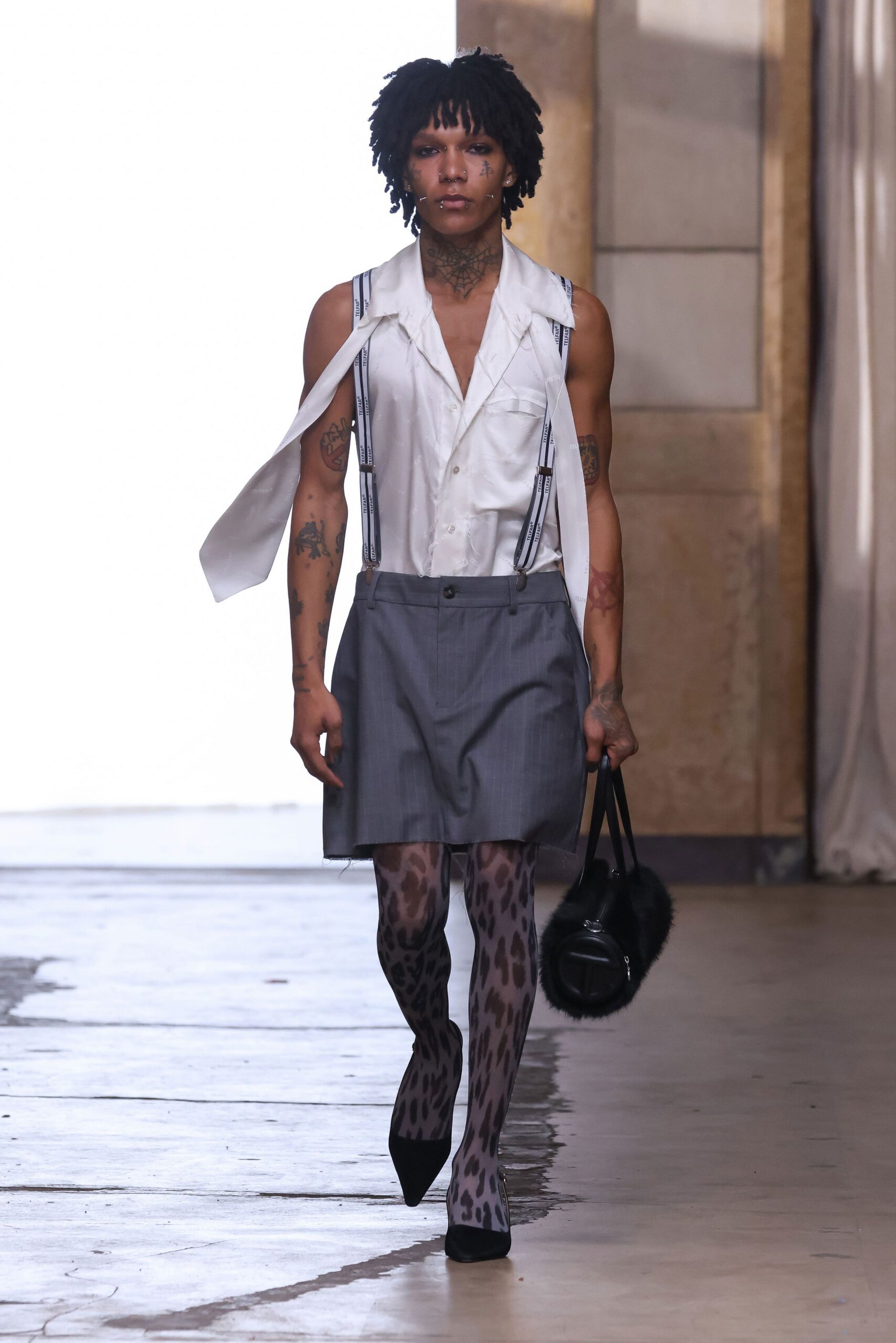 gray high-waisted straight-leg mini skirt