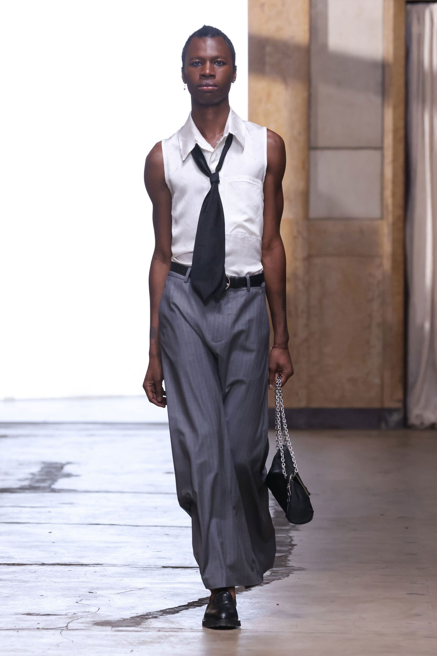 sleeveless satin shirt with black tie