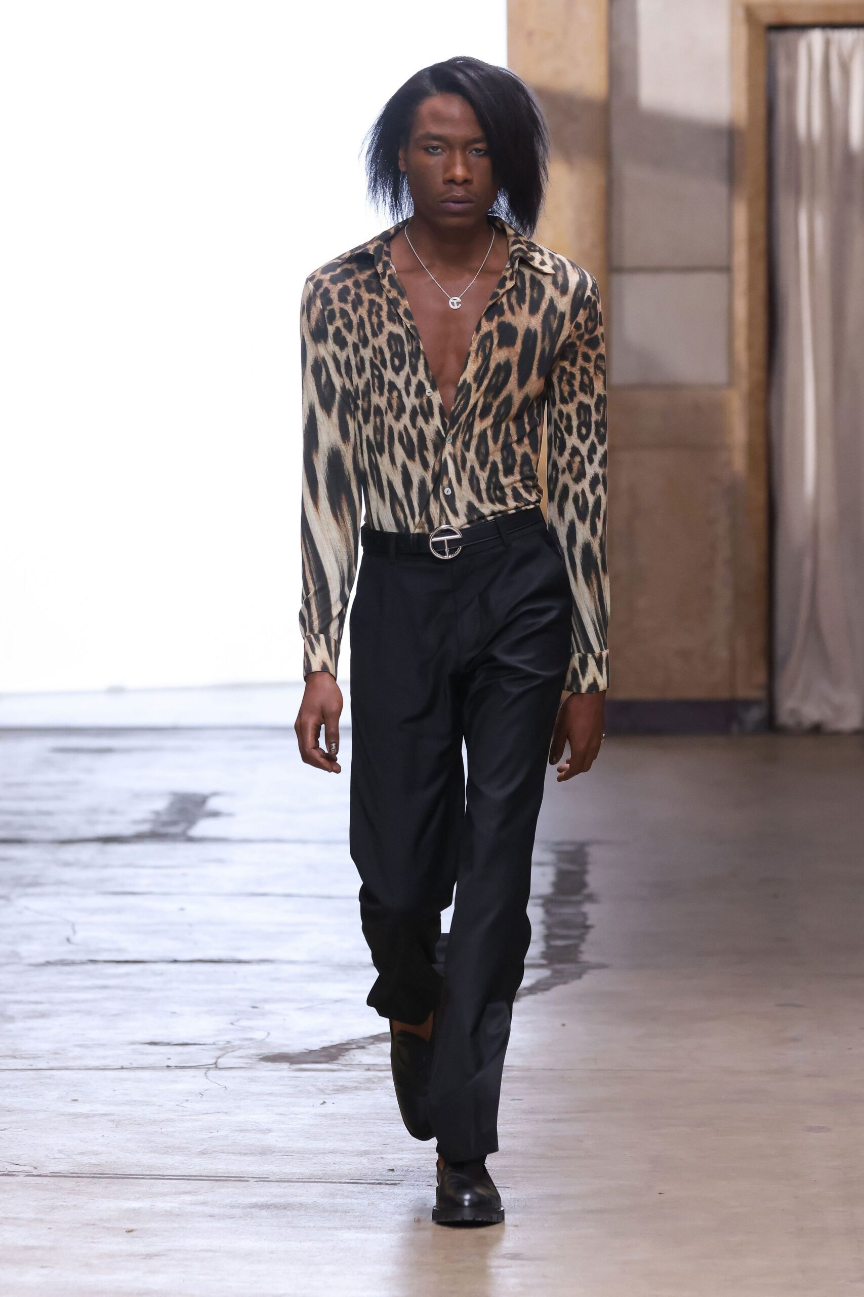 leopard satin button-front shirt
