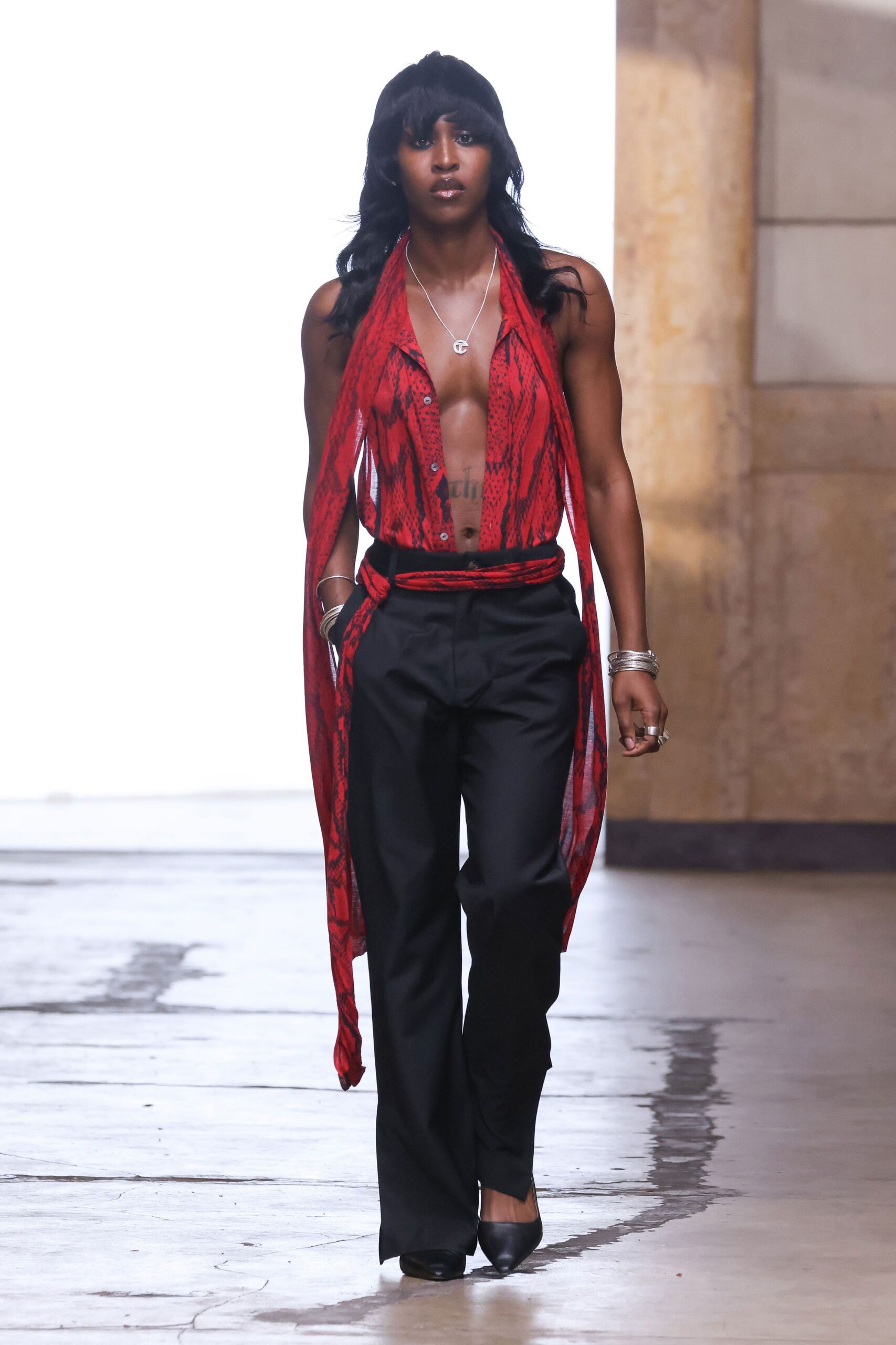 red chiffon halter collared animal-print buttoned top
